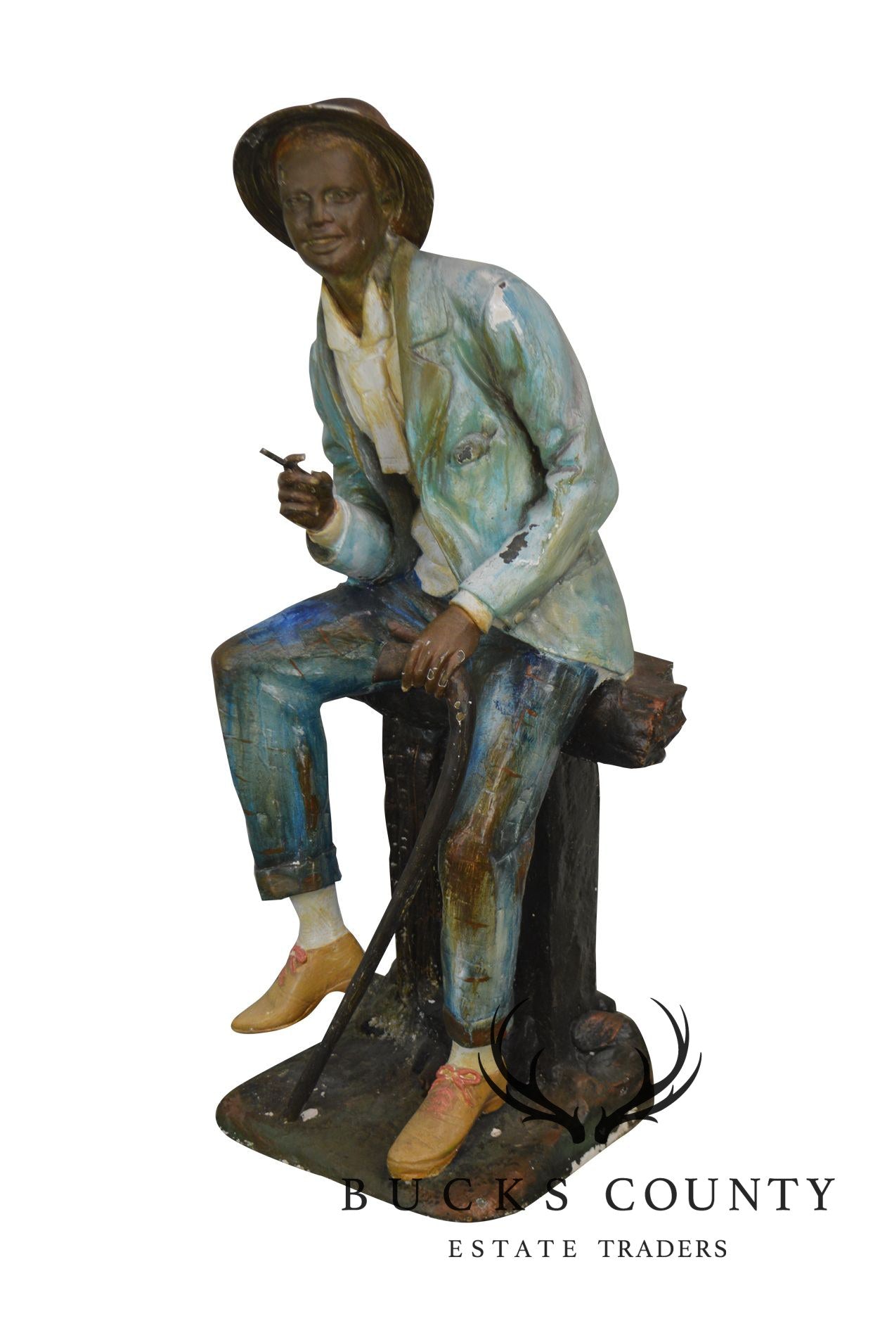 Farnsworth Large Painted Bronze Statue of Seated Black Man with Cane & Cigar