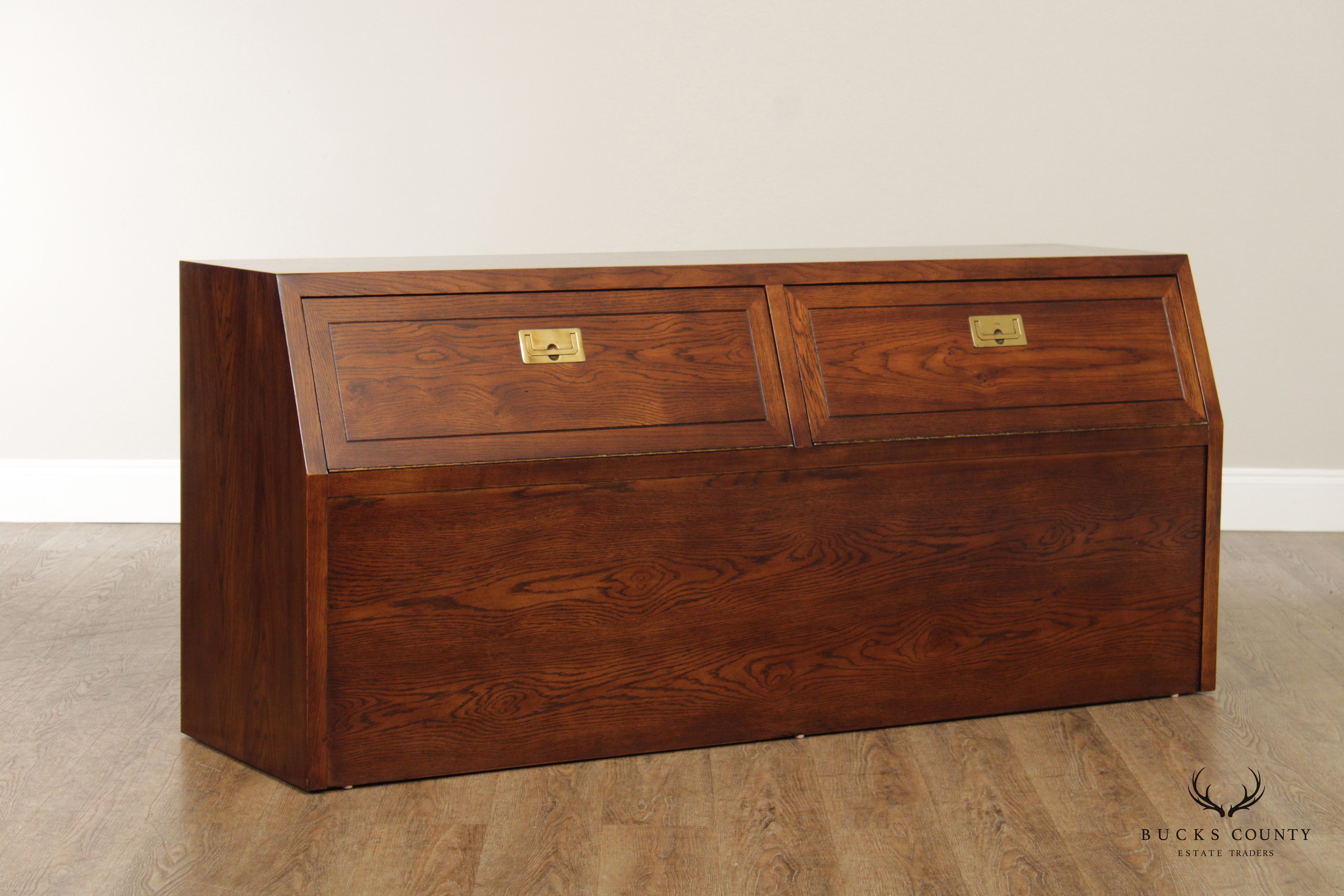 Henredon 'Scene One' Campaign Style Oak and Brass Queen Storage Headboard