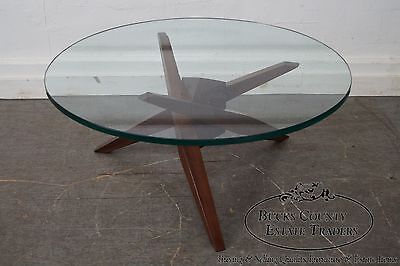 Mid Century Walnut Cubist Splayed Leg Round Glass Top Coffee Table
