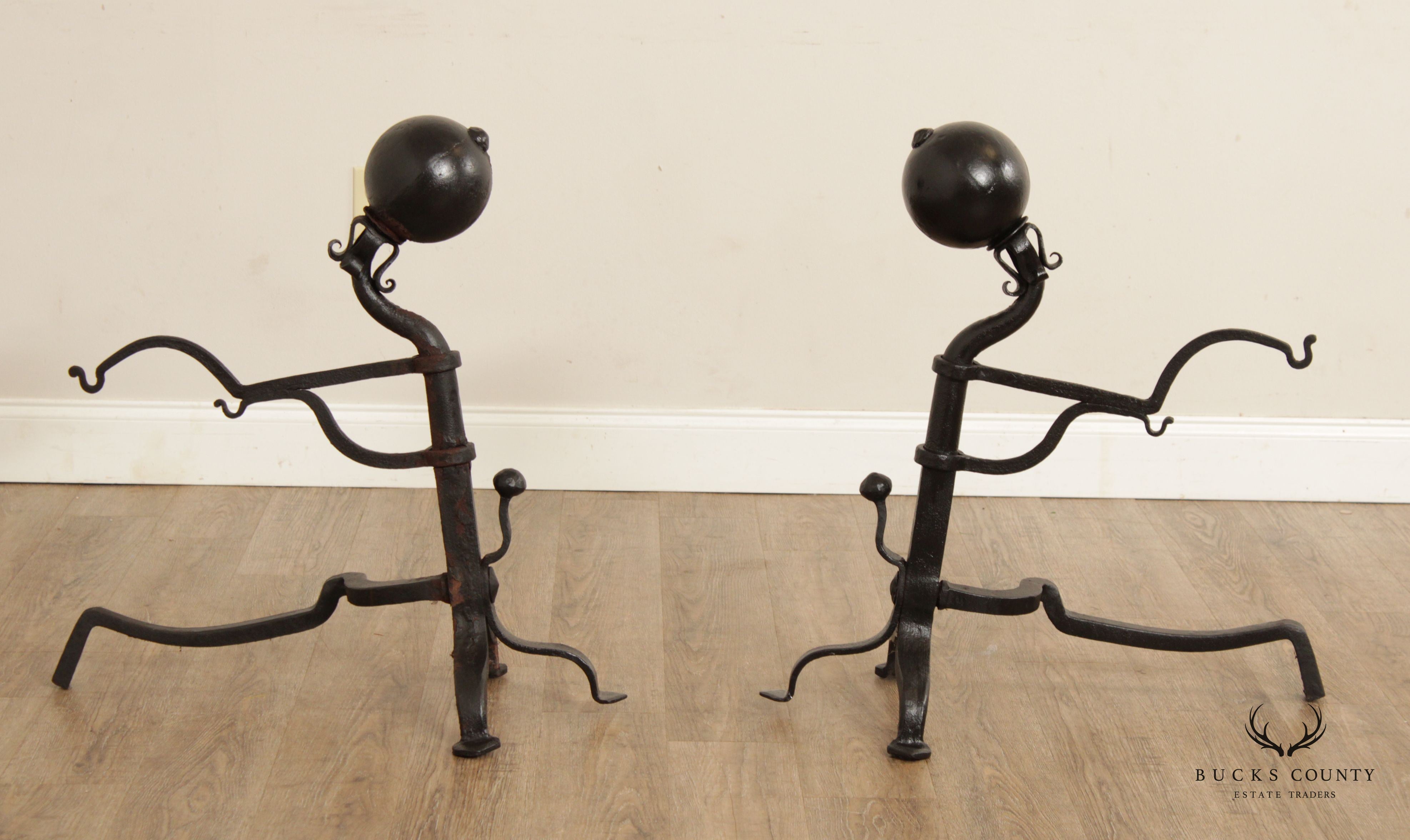 Antique 19th C. Pair Wrought Iron Cannonball Andirons