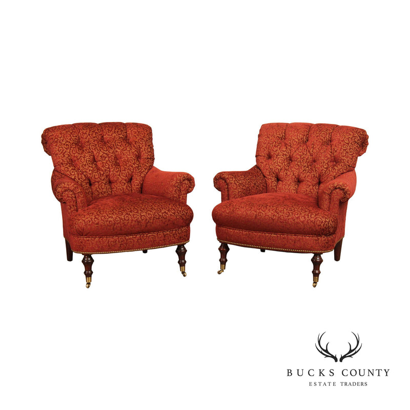 Edward Ferrell Pair of Tufted Rolled Arm Lounge Chairs