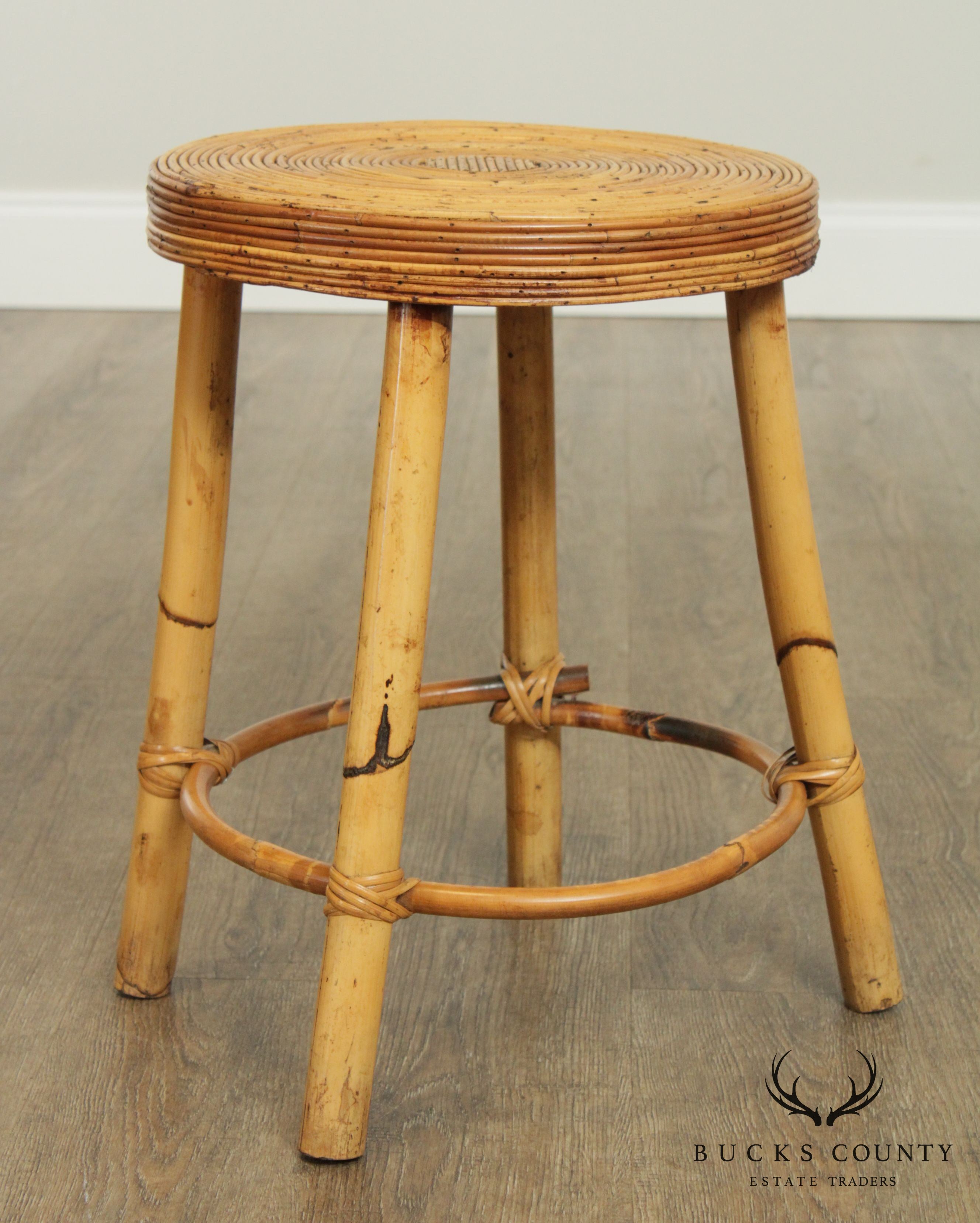 Vintage Bamboo Kidney Shape Vanity with Mirror, Stool