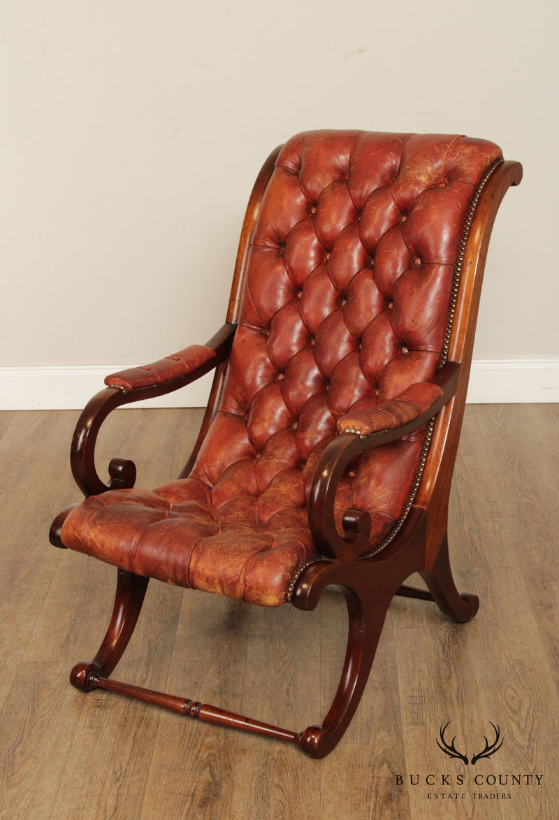 George IV Style Vintage Mahogany, Tufted Leather Campaign Library Chair with Ottoman