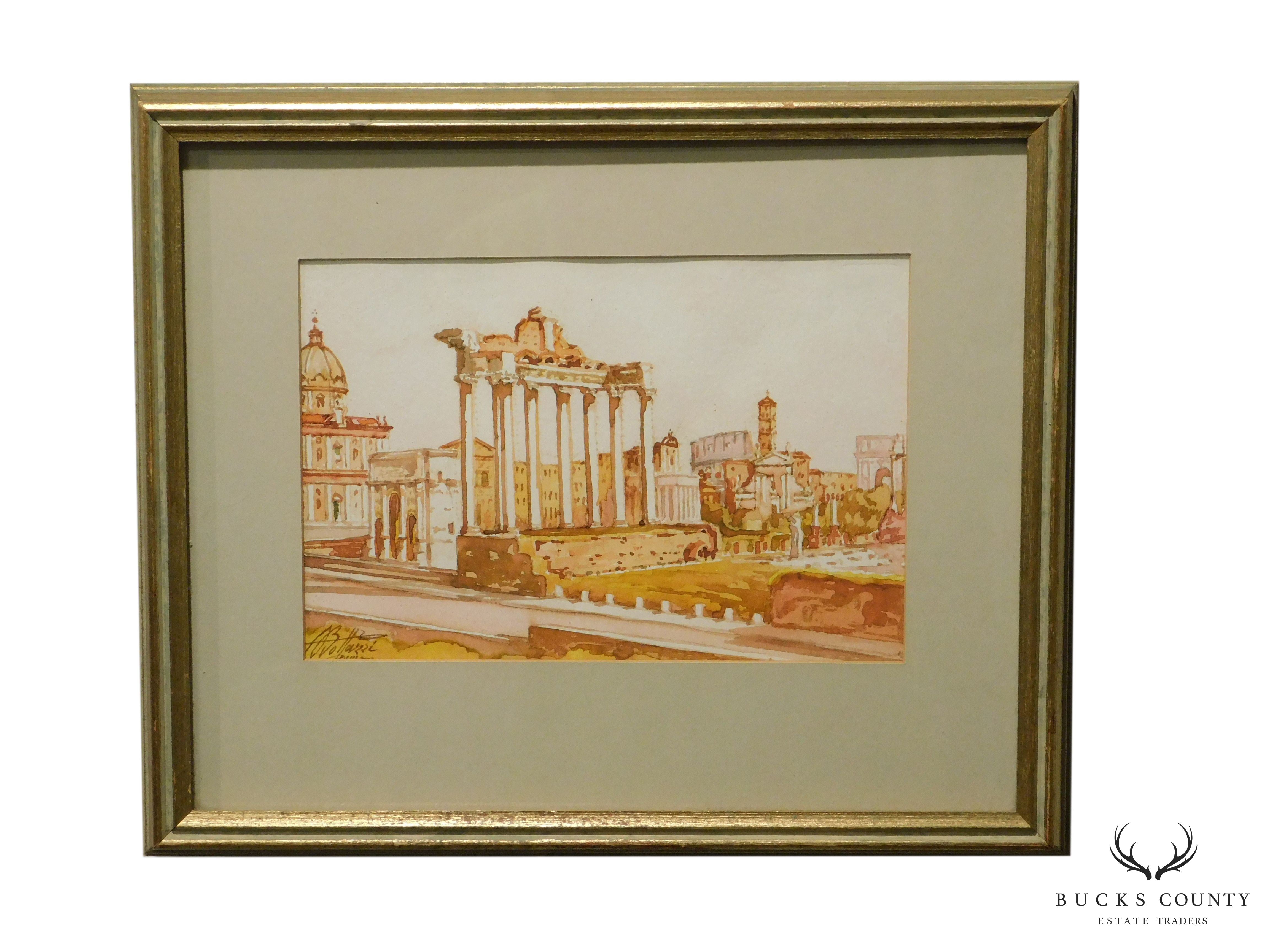 Vintage Roman Ruins Watercolor Painting Signed Bollazzi