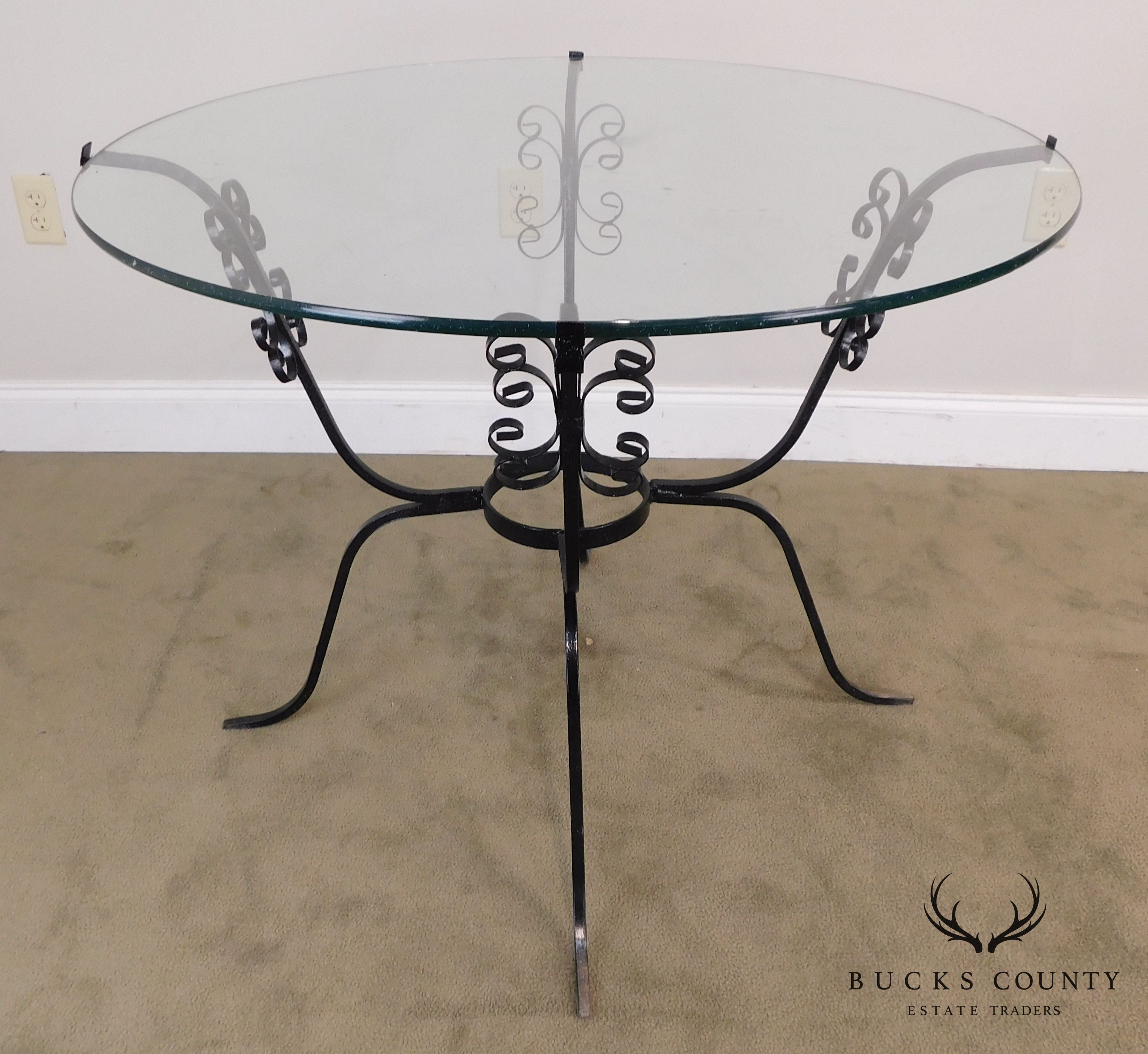 Vintage Black Scrolled Wrought Iron Round Glass Top Table