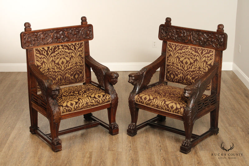 Antique Italian Renaissance Style Pair of Carved Oak Armchairs