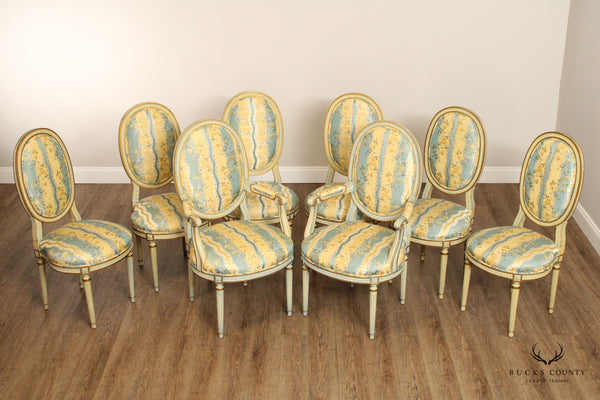 FRENCH LOUIS XVI STYLE SET OF EIGHT PAINTED FRAME UPHOLSTERED DINING CHAIRS