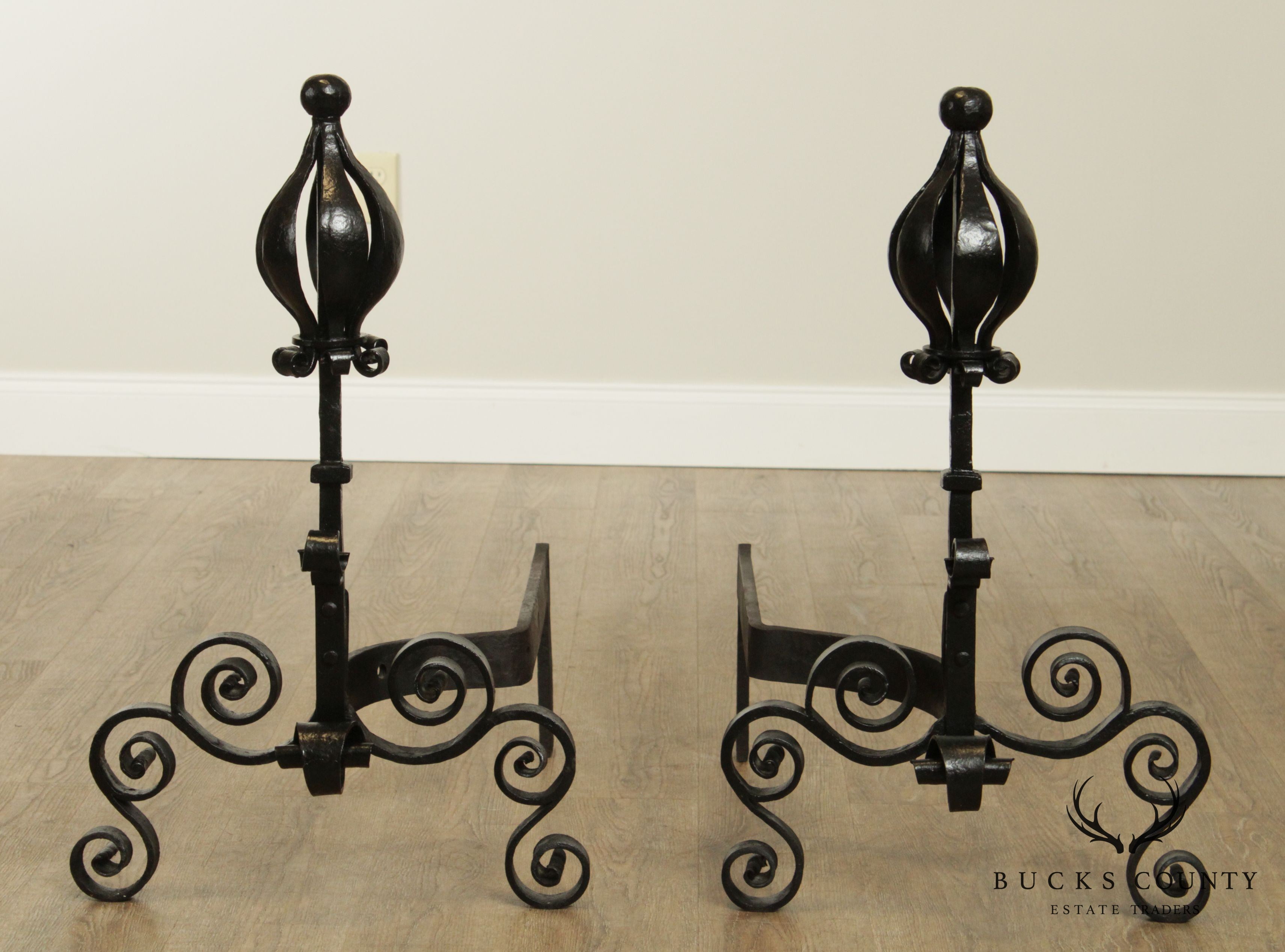 Quality Hand Forged Pair Arts and Crafts Style Andirons