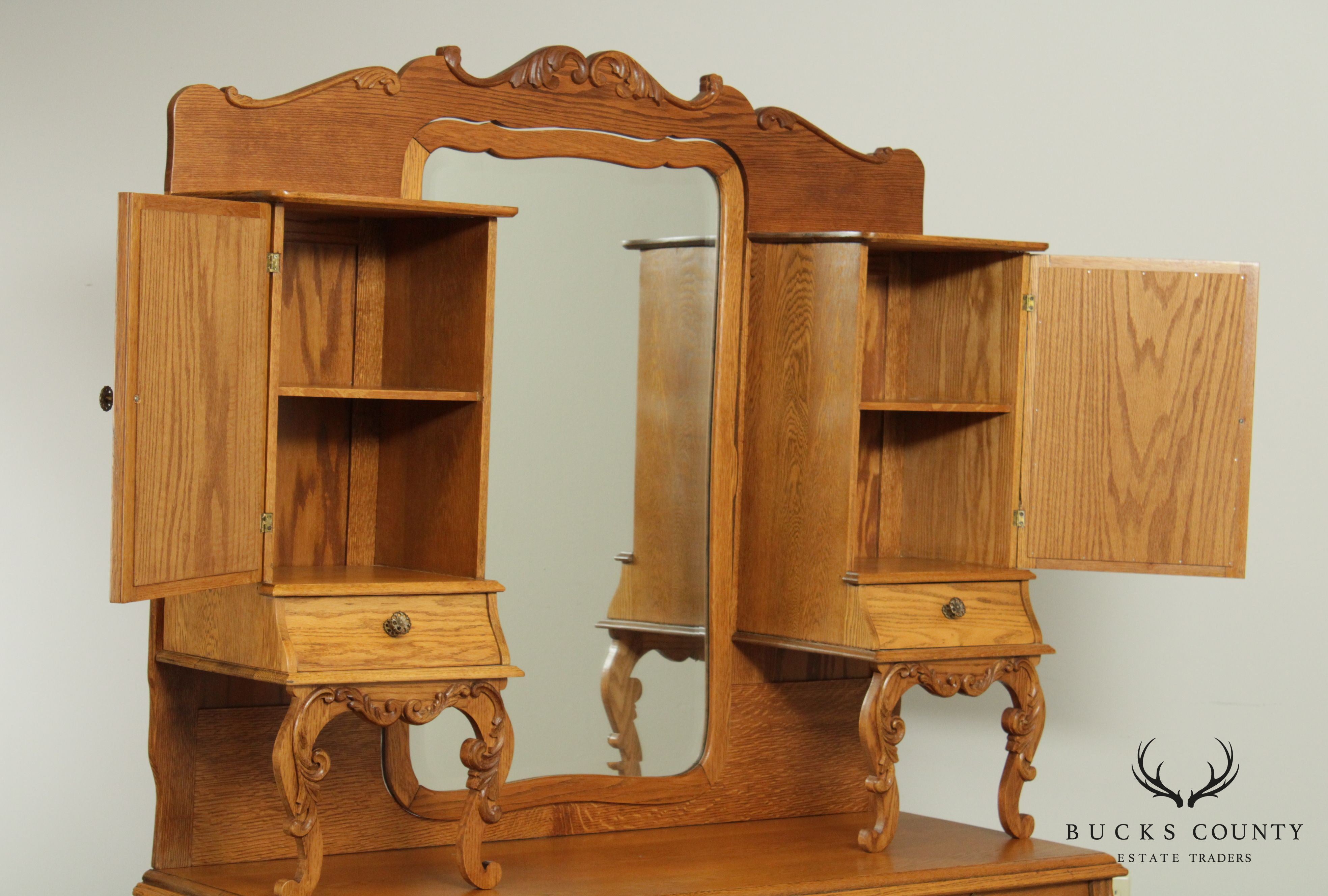 Antique Victorian Oak Unusual Double Dresser, Mirror Back