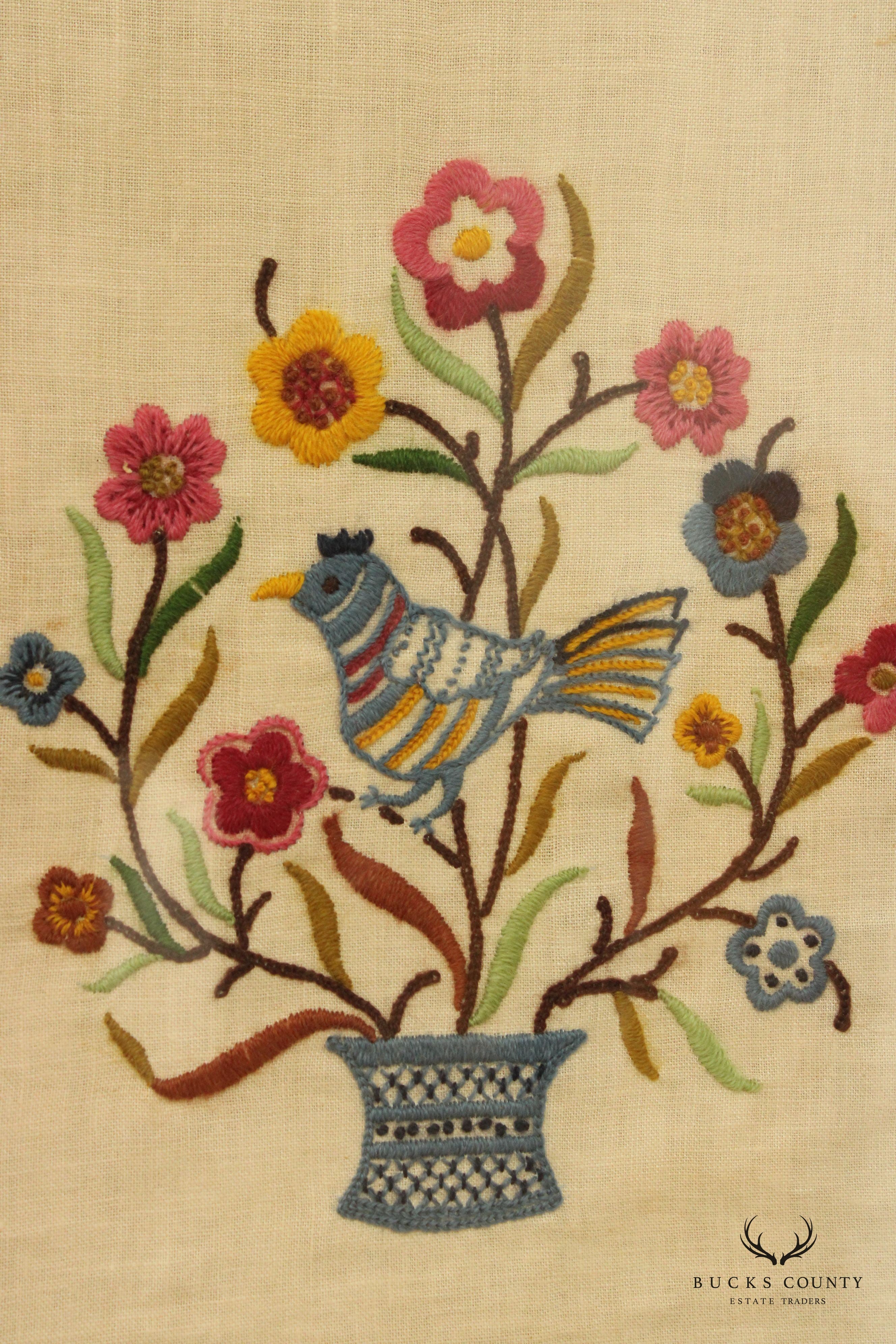 Vintage Crewel Embroidered Linen Textile, Custom Framed