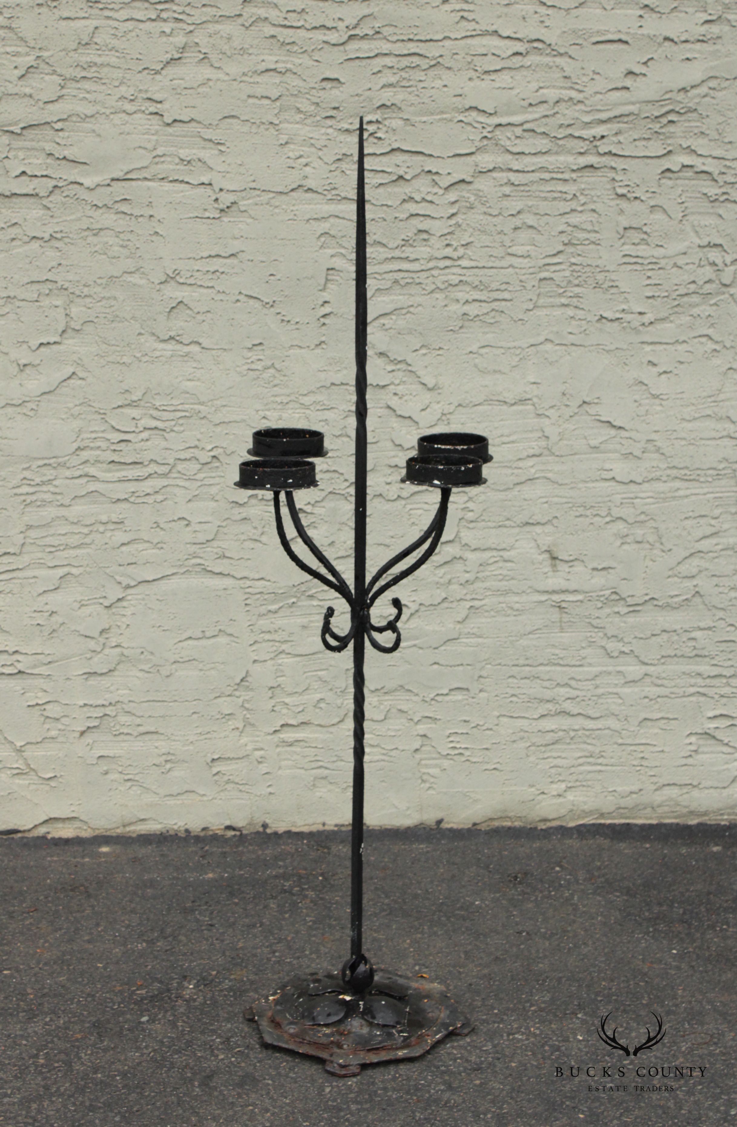 Gothic Revival Style Wrought Iron Outdoor Pillar Floor Candelabrum