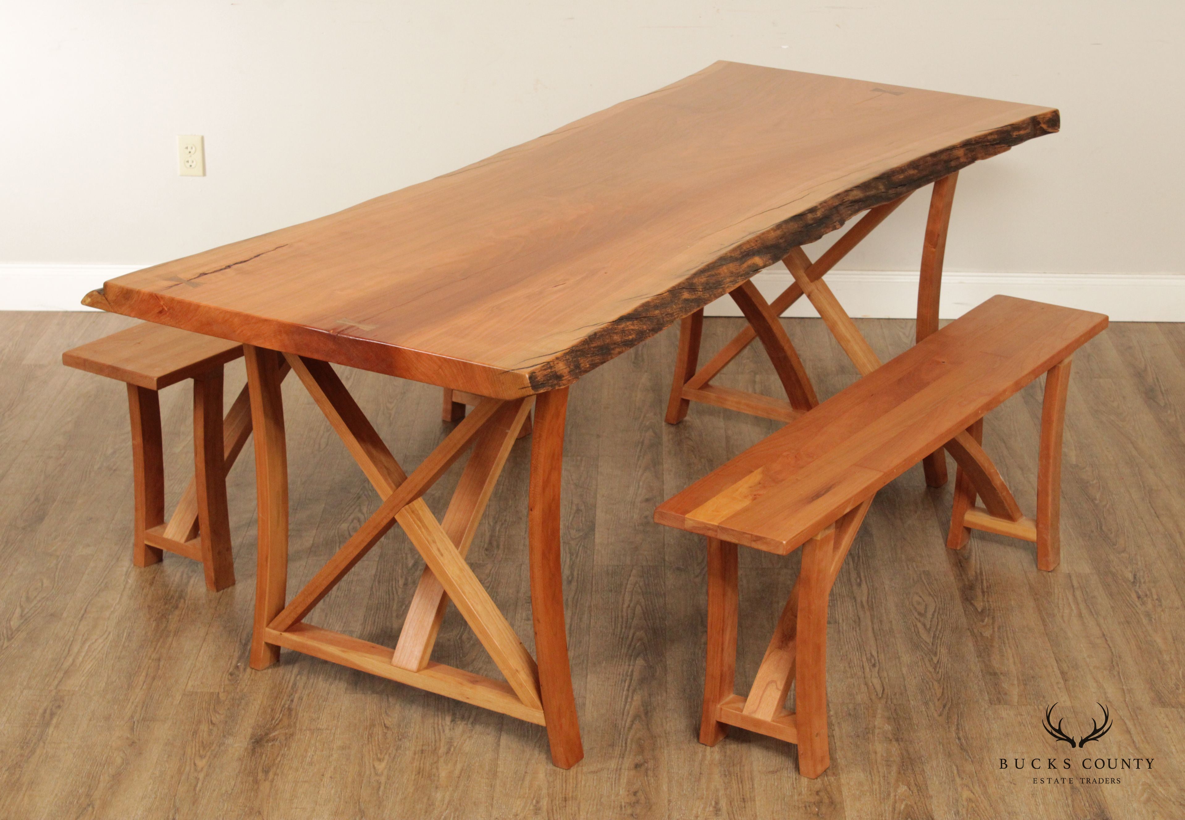 Hand Crafted Live Edge Cherry Farmhouse Dining Table with Benches