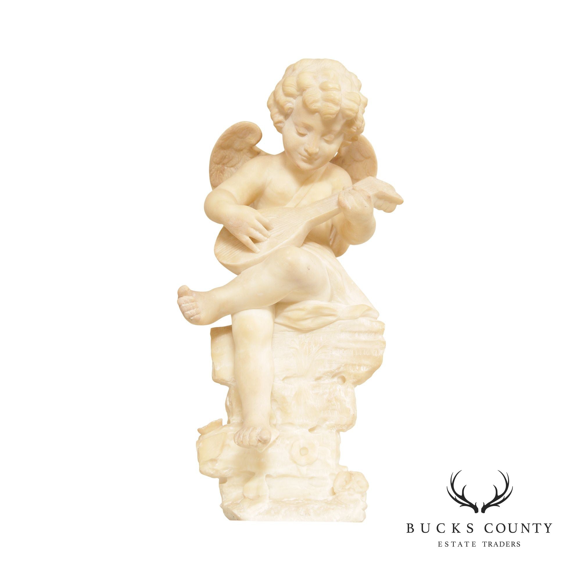 Antique Renaissance Revival Alabaster Carved Cherub Statue