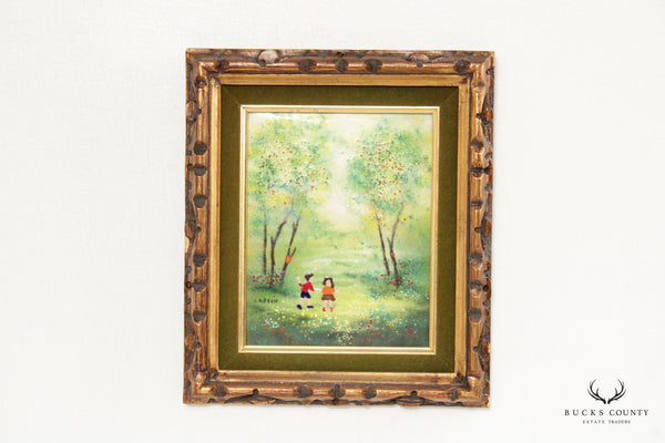 Louis Cardin Framed Enamel on Copper Painting, Children in the Wood