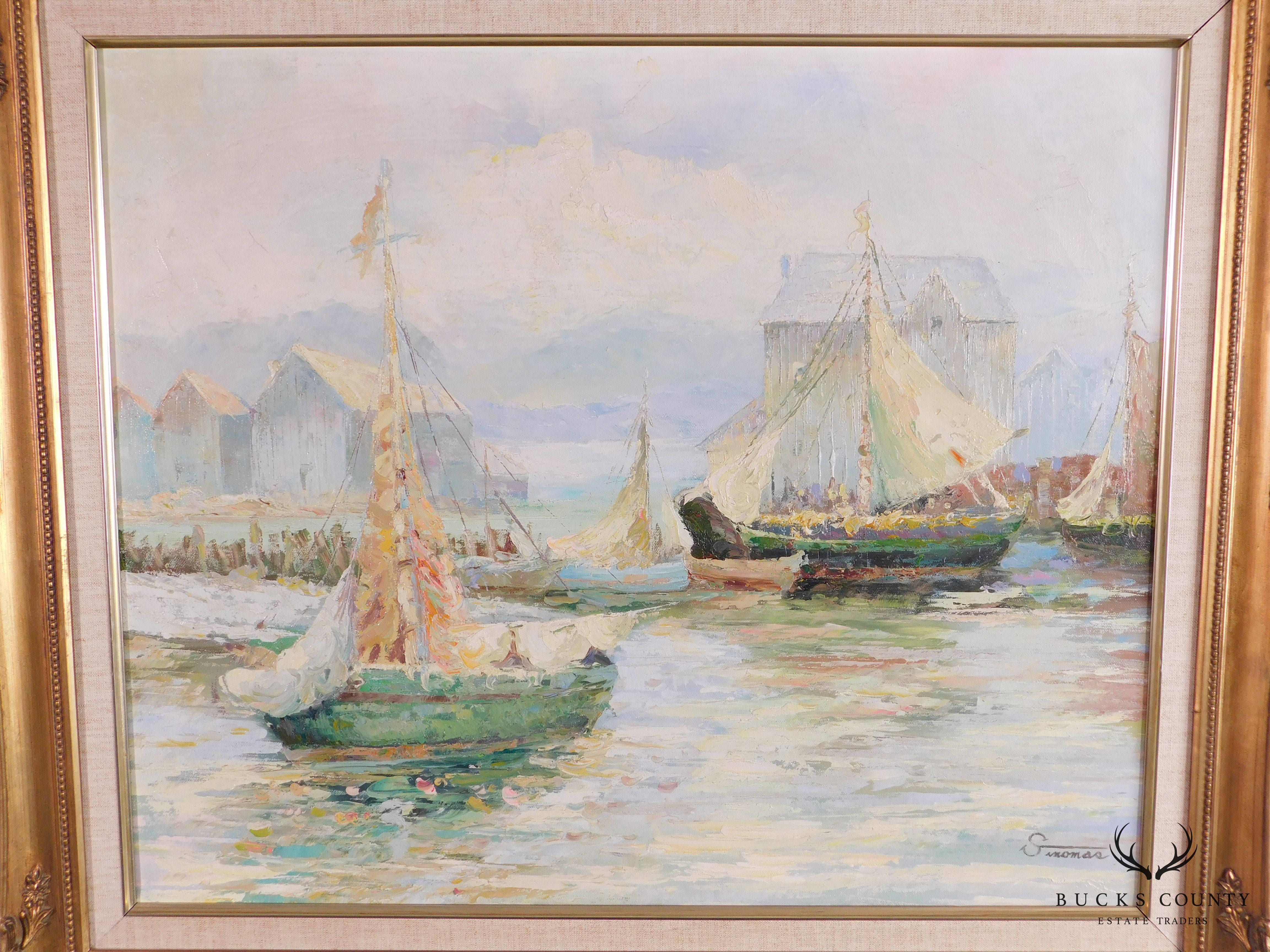 Sinomas, Oil on Canvas Painting of Working Lanteen Sailing Vessels in Port Custom Frame