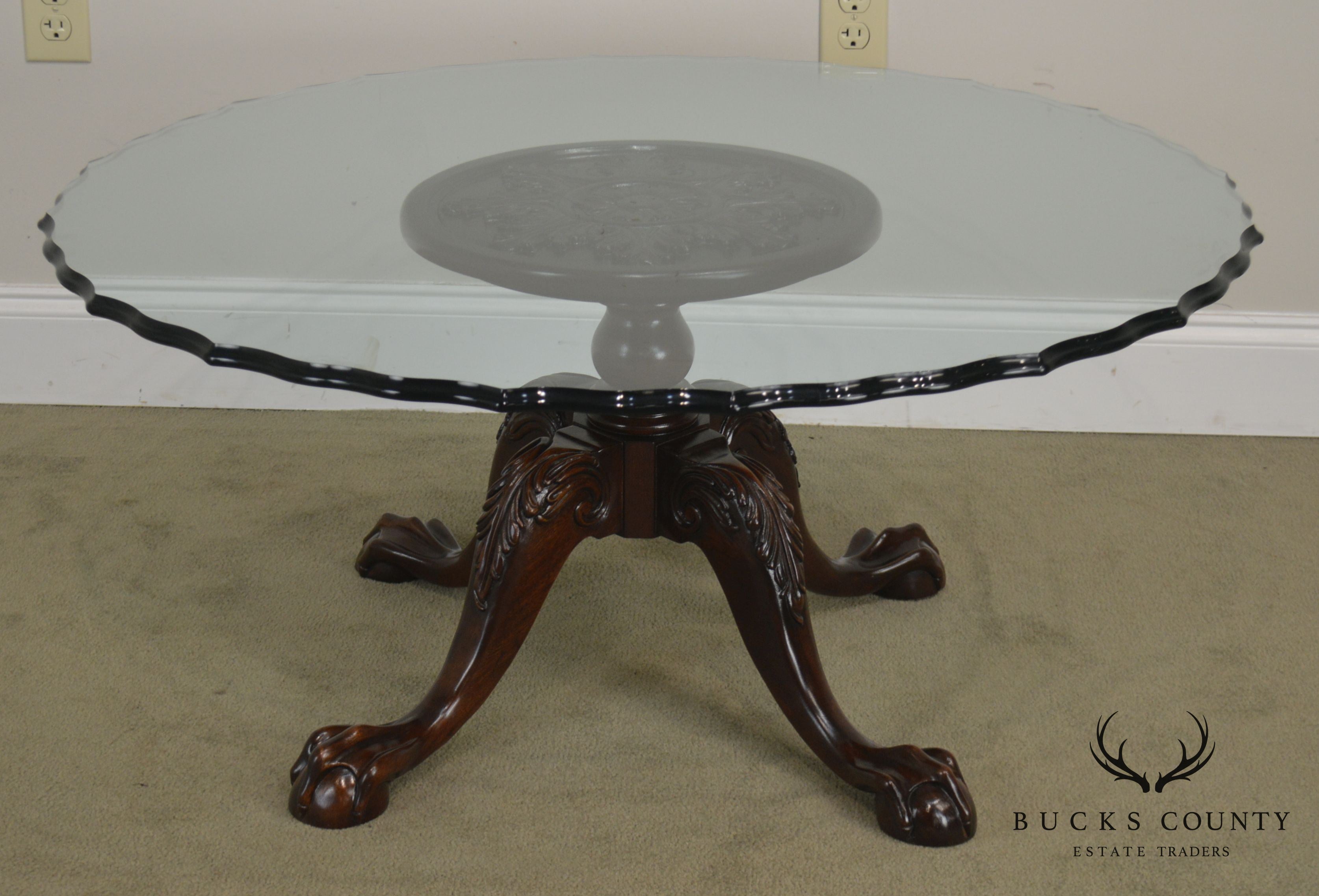 Carved Mahogany Ball & Claw Chippendale Style Glass Top Coffee Table