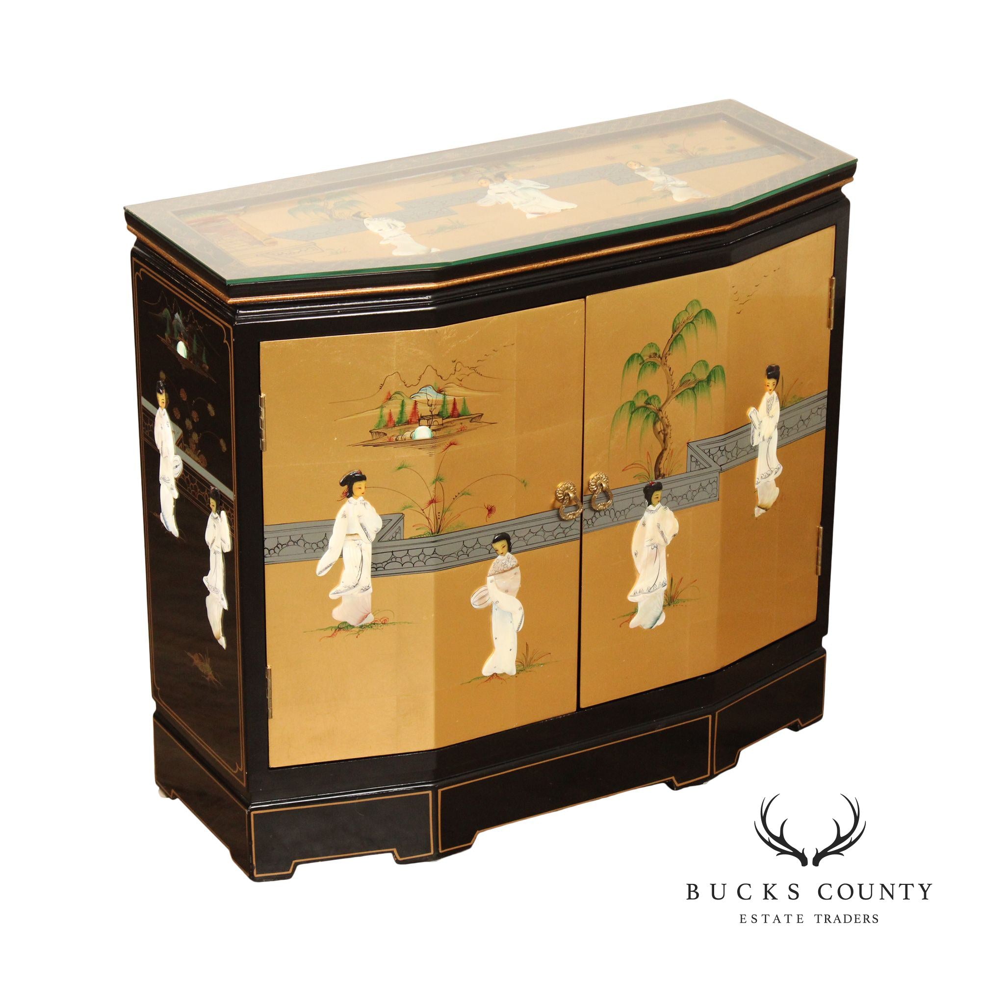 Chinoiserie Decorated Black and Gold Lacquer Glass Top Console Cabinet