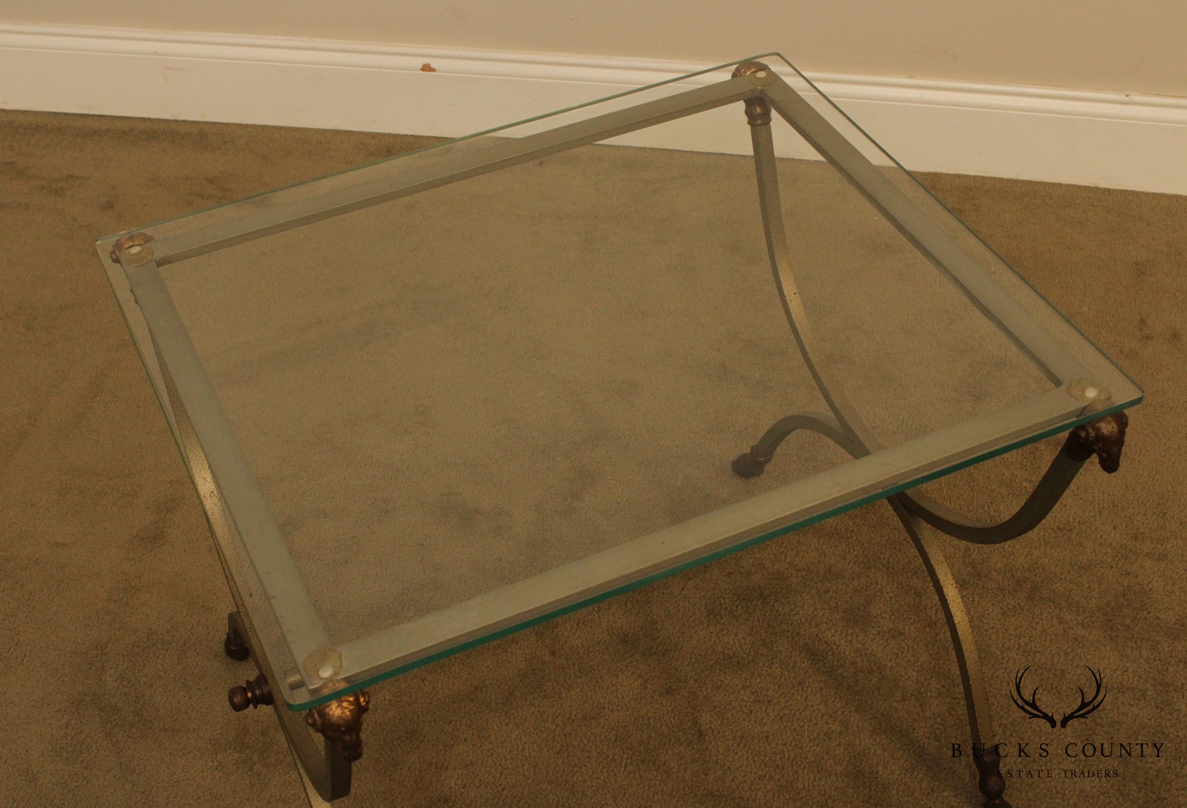 Directoire Style Vintage Steel, Brass Hoof Foot Glass Top Side Table