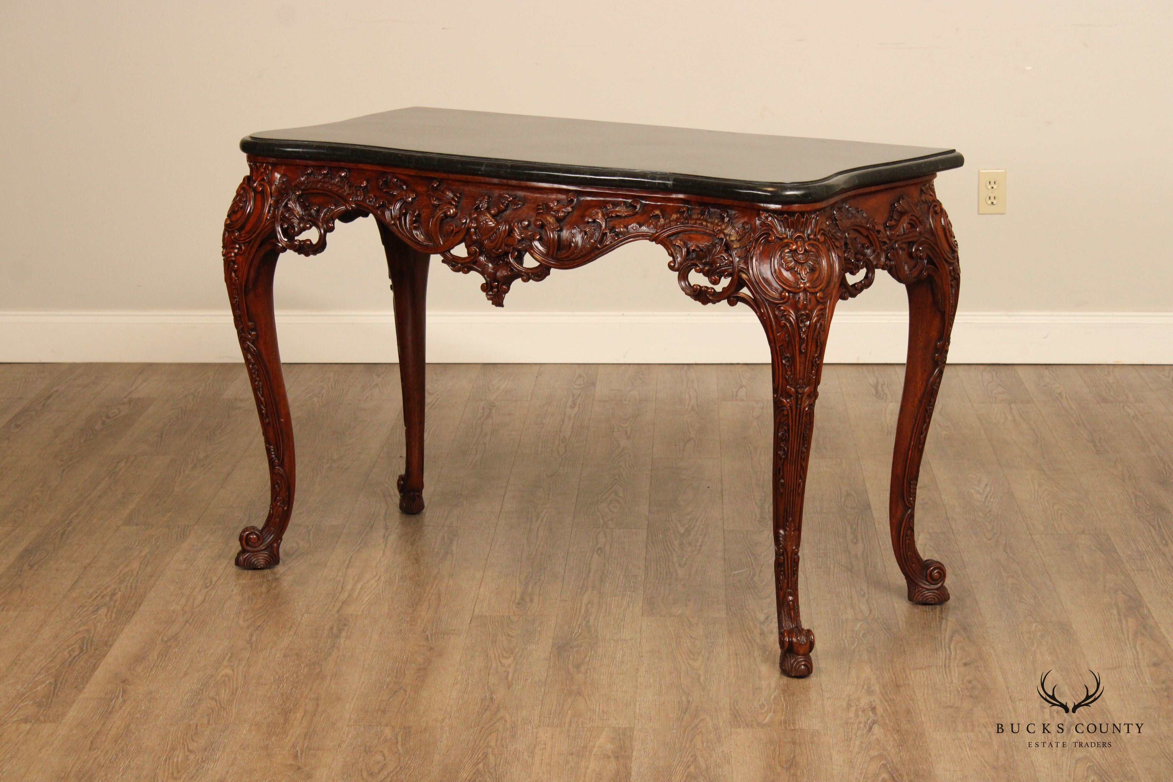 Maitland Smith Rococo Style Tessellated Marble Top Carved Mahogany Console