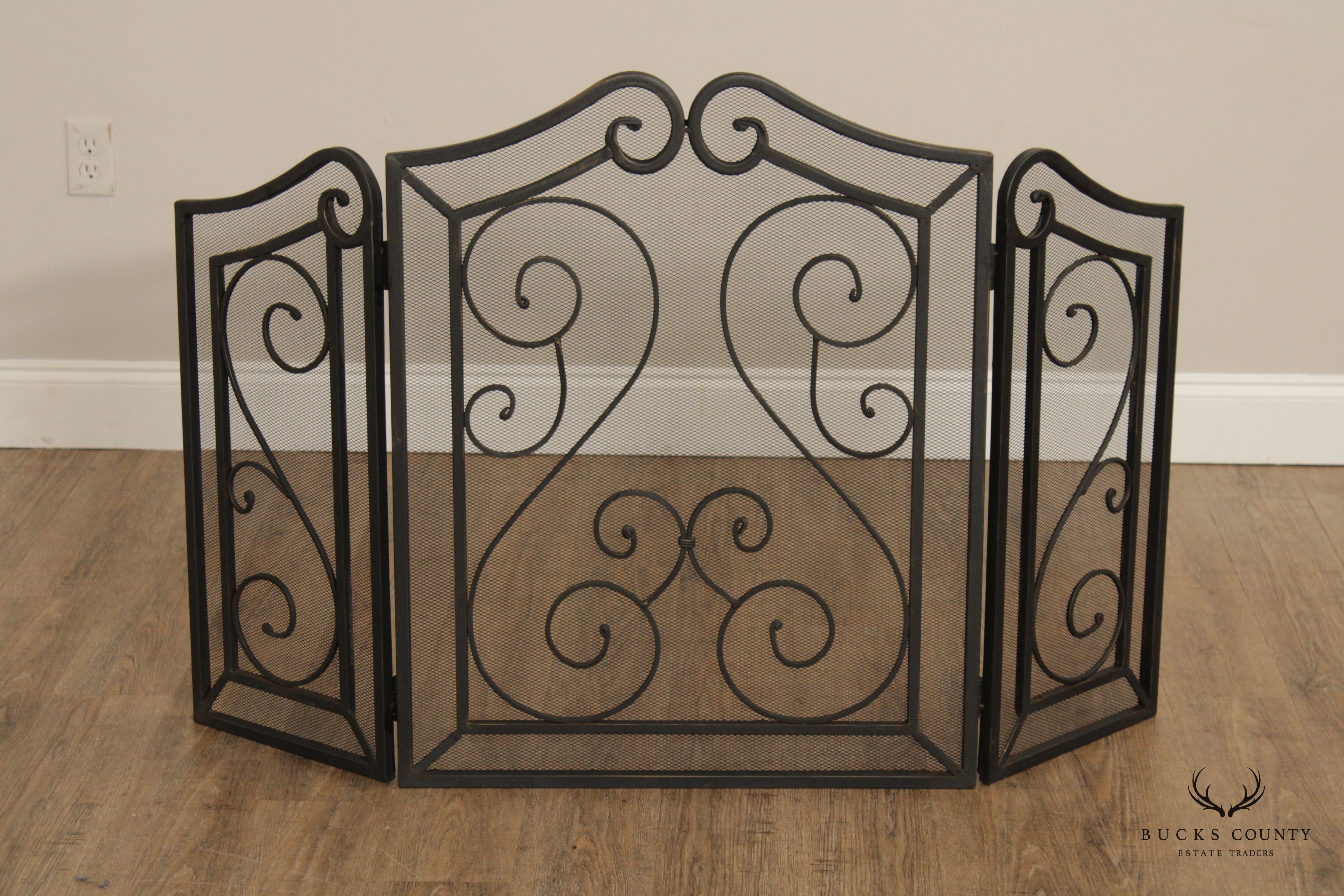 VINTAGE WROUGHT IRON FIRE SCREEN WITH SCROLLING