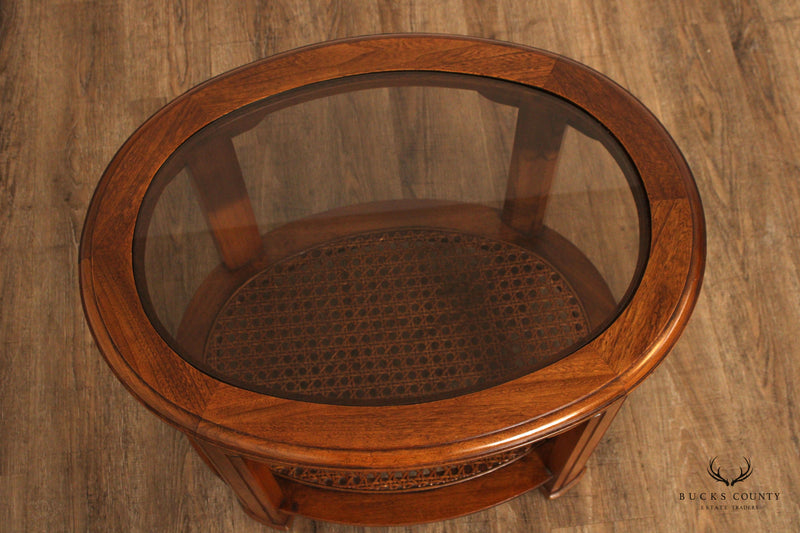 Asian Inspired Vintage Oval Two-Tier Glass Top End Table