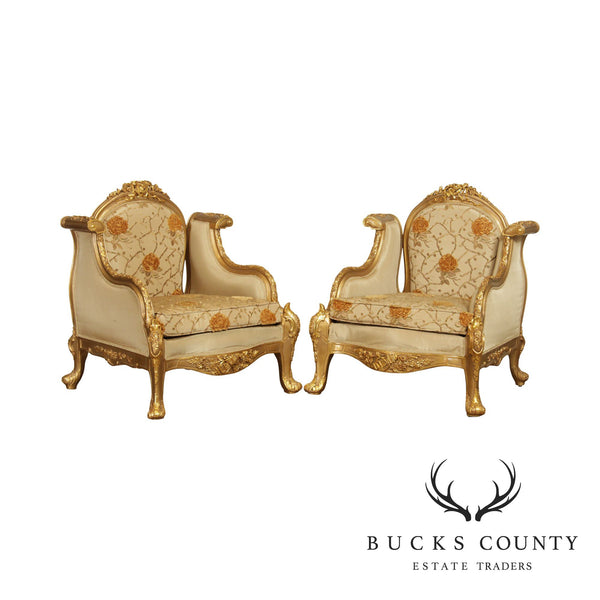 Quality Pair Giltwood Baroque Style Armchairs, Bergeres