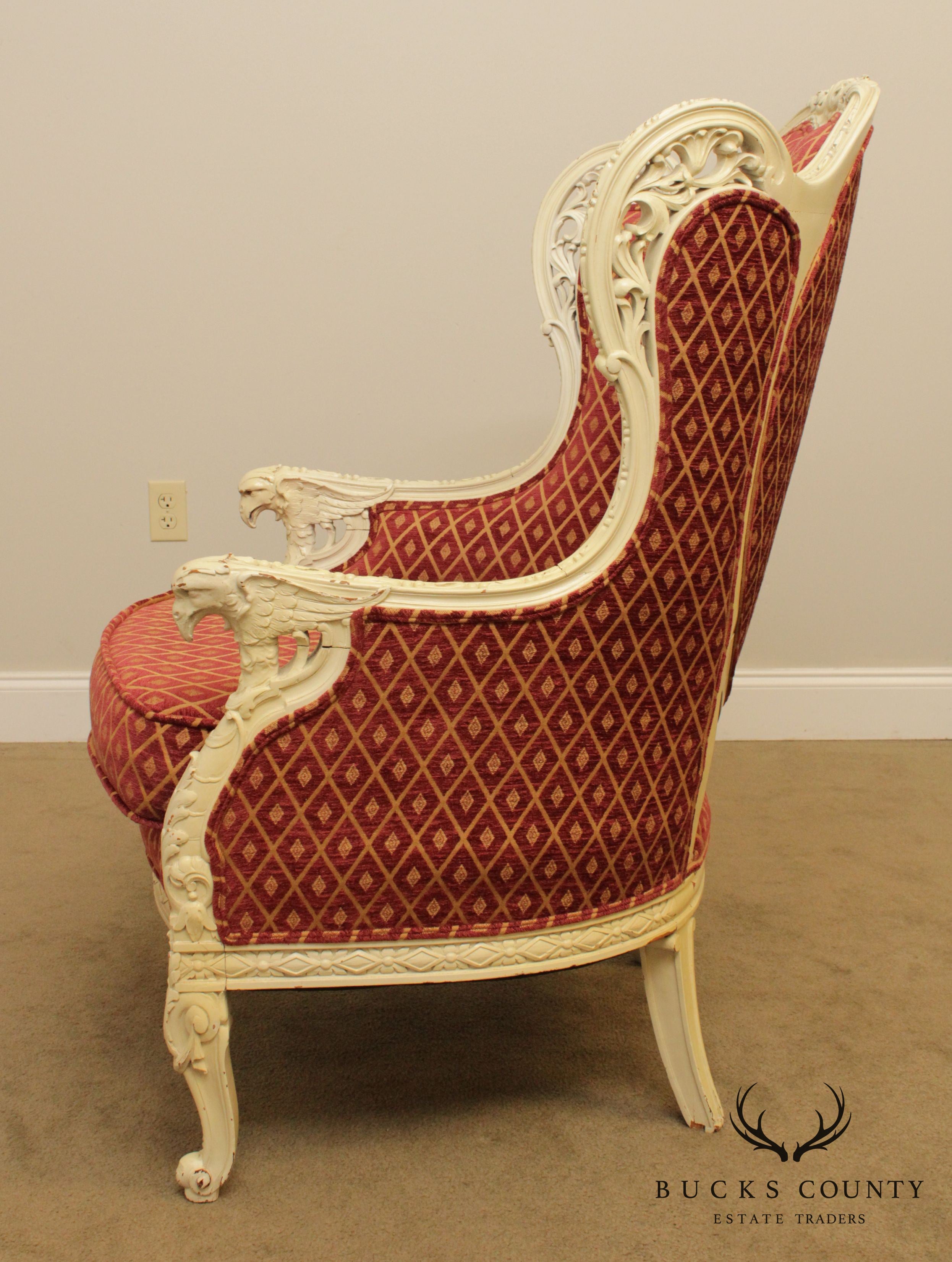 1920's French Louis XV Style Vintage Eagle Carved Bergere Wing Chair