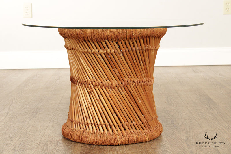Woven Rattan Pedestal Coffee Table and Two Stands