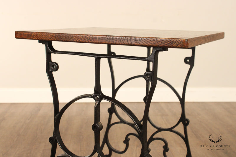 Antique Victorian Style Iron Base Oak Top Side Table