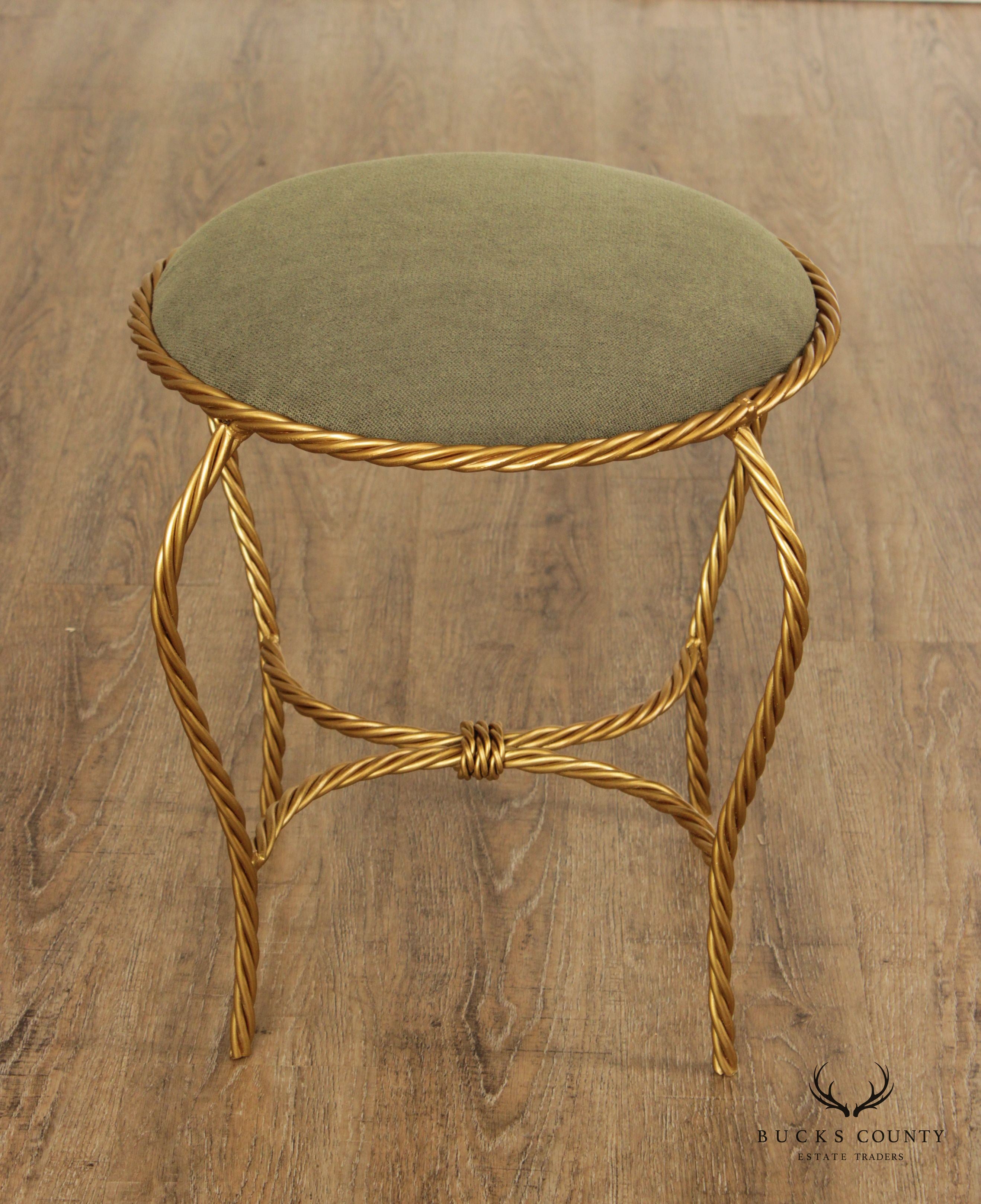 Italian Hollywood Regency Pair Gilt Rope Twist Stools