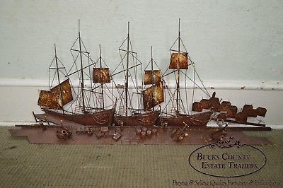 Curtis Jere Large Rusted Metal Wall Sculpture of Sailboats & Ships