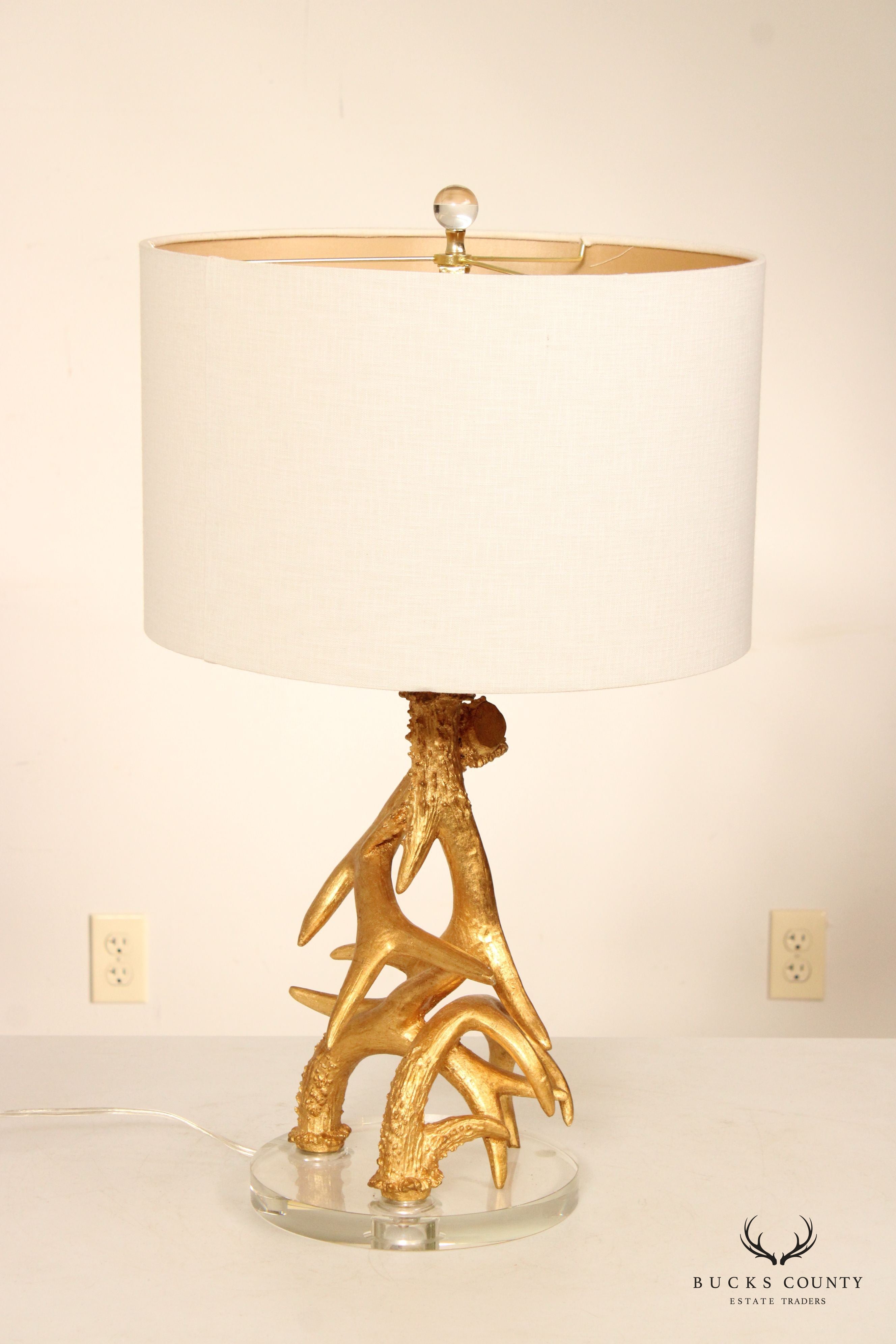 Contemporary Rustic Pair Gilt Antler Table Lamps