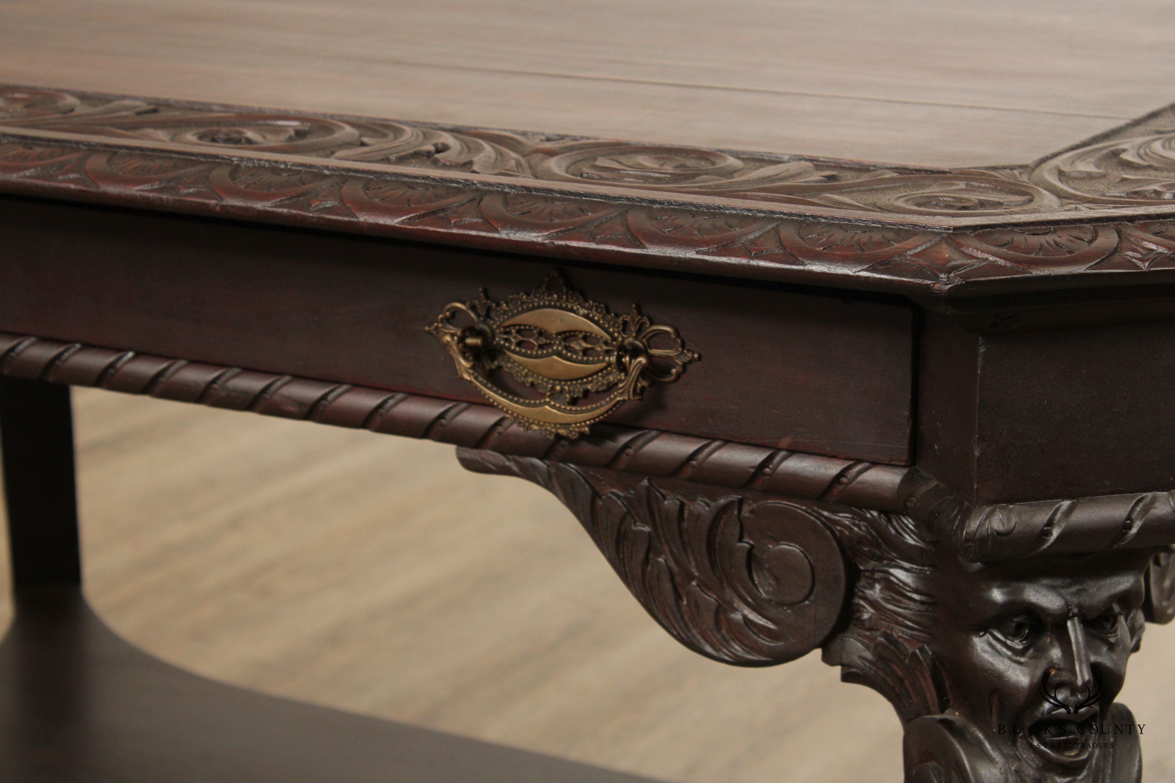 Renaissance Revival Carved Mahogany Library Table Desk