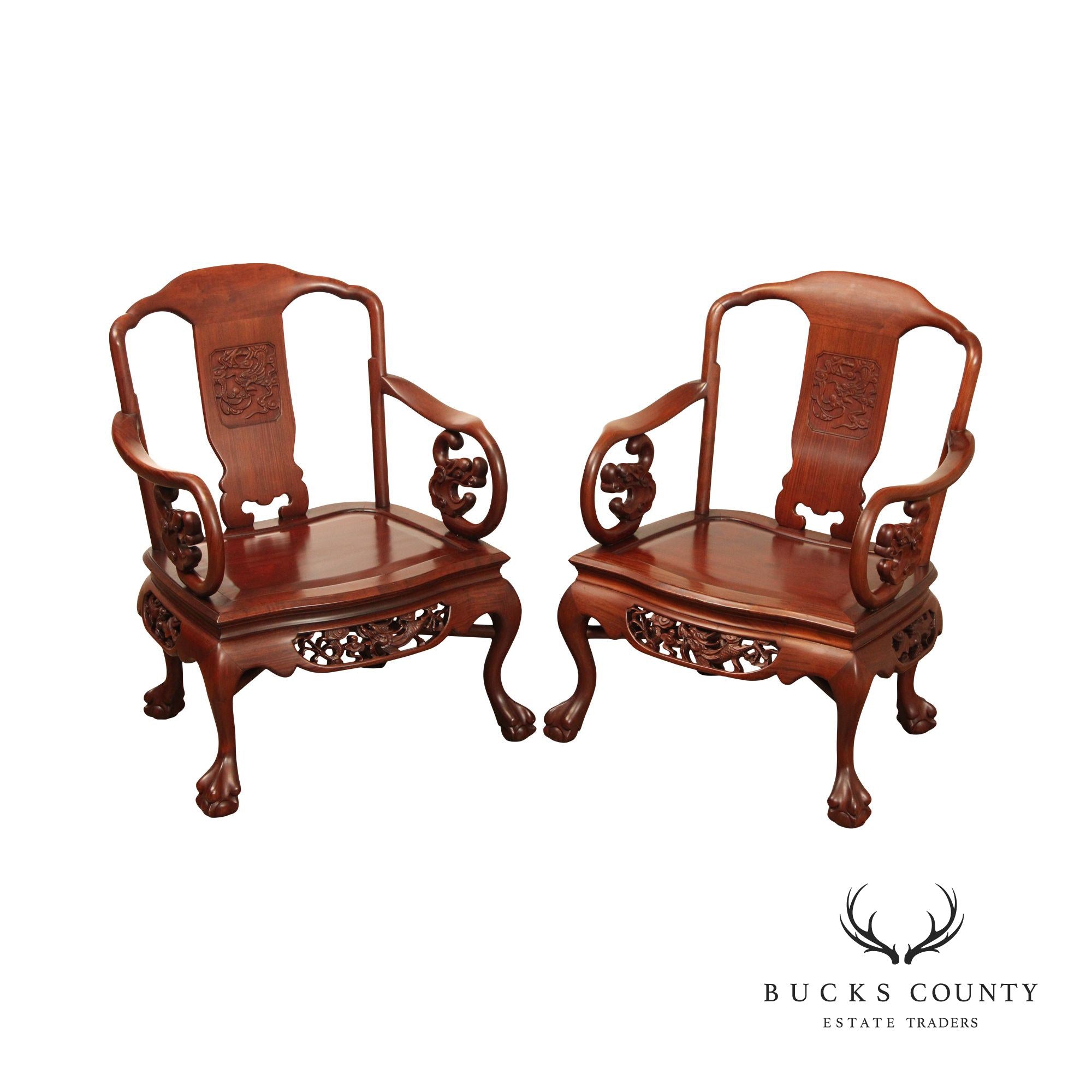 Chinese Pair of Carved Mahogany Throne Armchairs