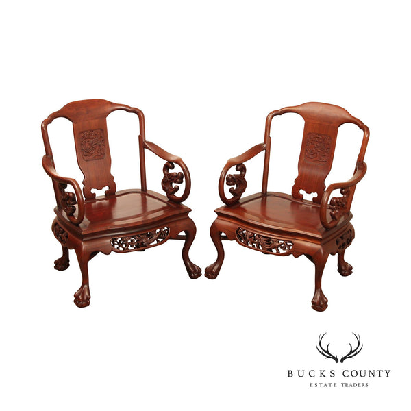 Chinese Pair of Carved Mahogany Throne Armchairs