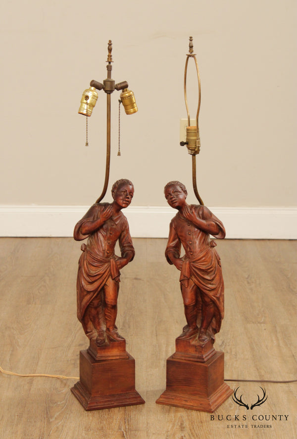 Antique 19th Century Italian Figural Carved Wood Statue Pair Table Lamps
