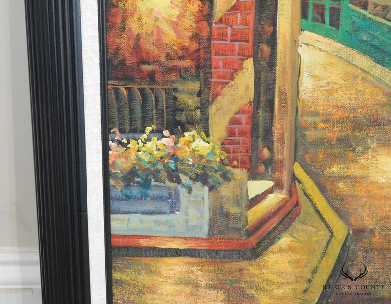 Framed Painting of Parisian Corner Restaurant and Ally Signed W. James