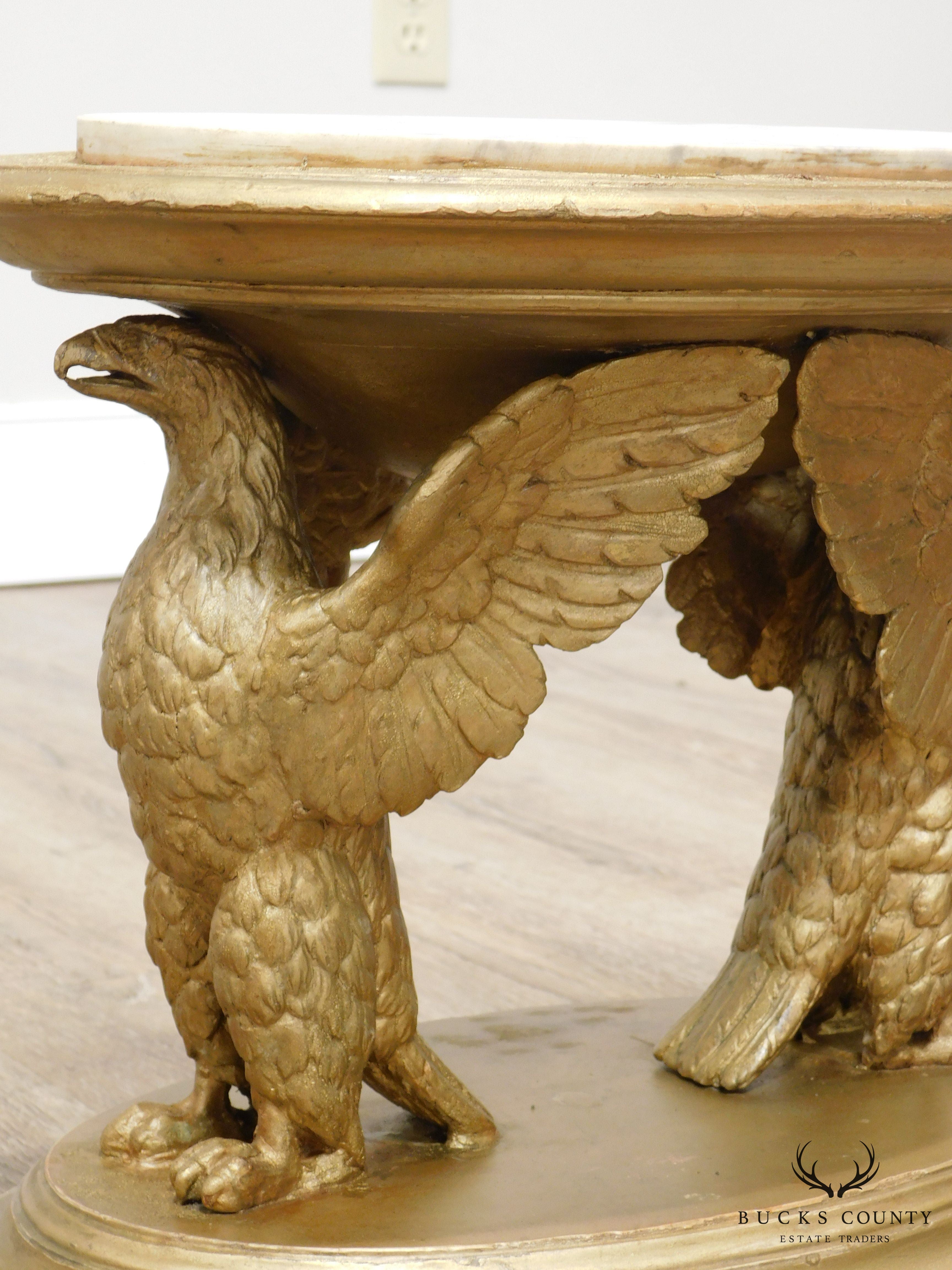 Antique Gilt Wood Carved Winged Eagle Small Marble Top Side Table