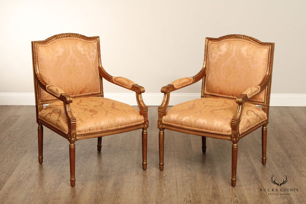 Lambert Furniture French Louis XVI Style Pair of Partial Gilt Fauteuil Armchairs
