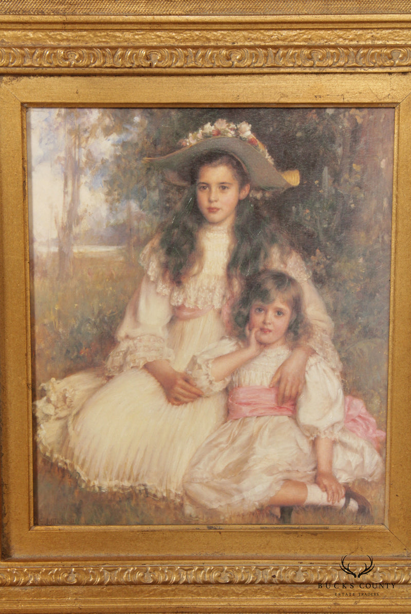 Vintage Framed Victorian Portrait of Two Sisters Fine Art Print, After Robert Edward Morrison