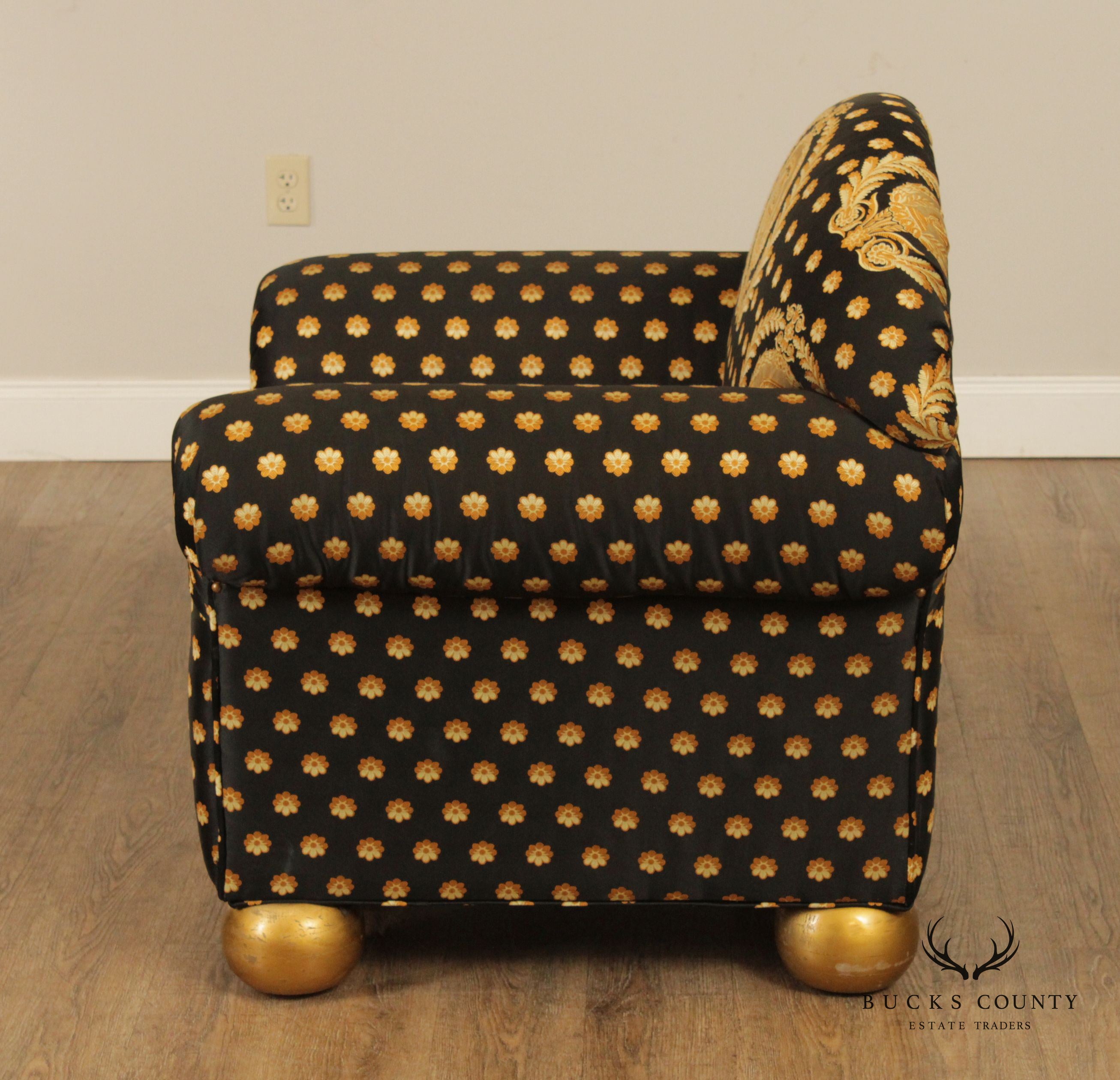 Pair of Custom Black and Gold Upholstered Club Chairs