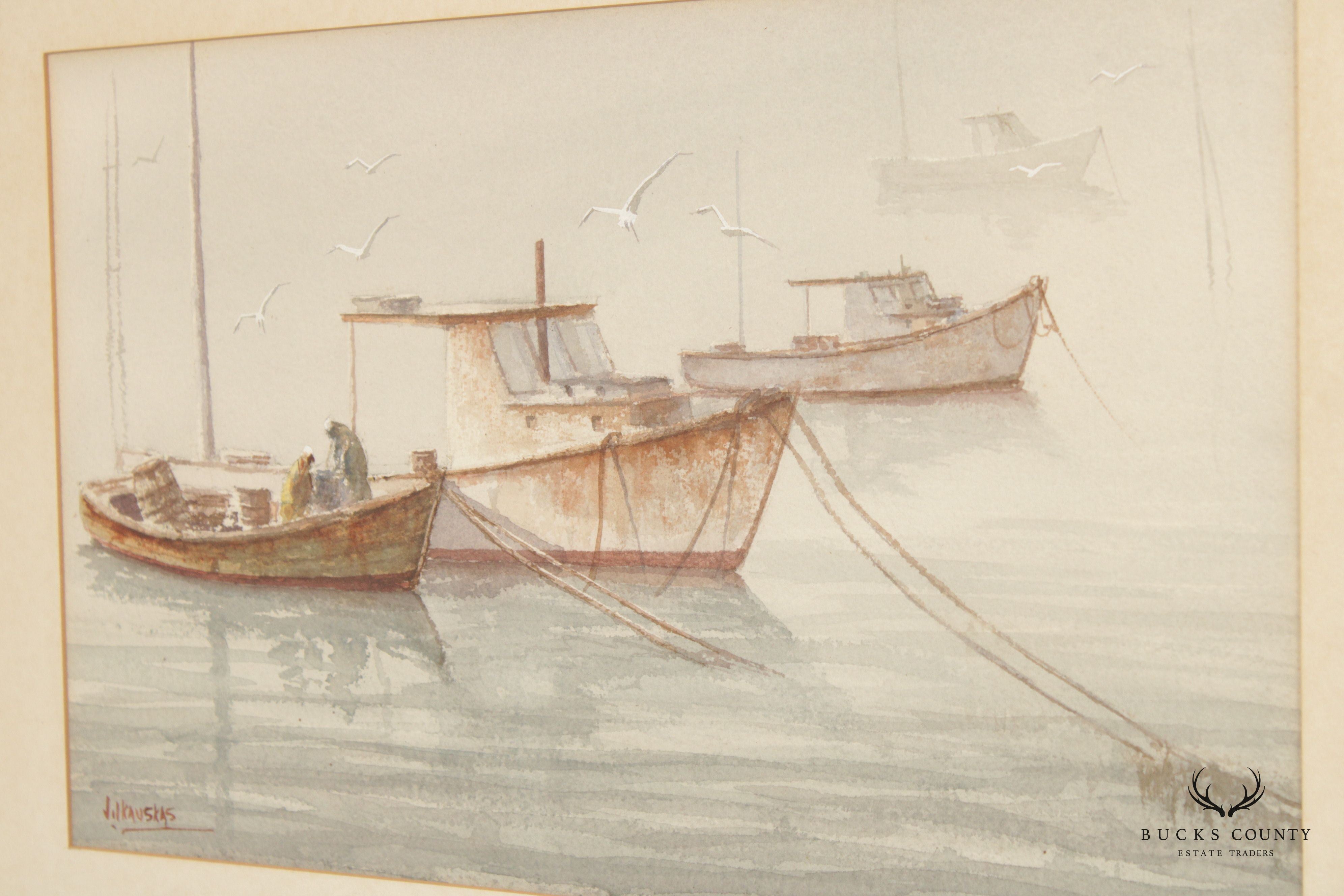 20th Century Fishing Boats at Anchor Watercolor Painting, Signed Rolandas Vilkauskas