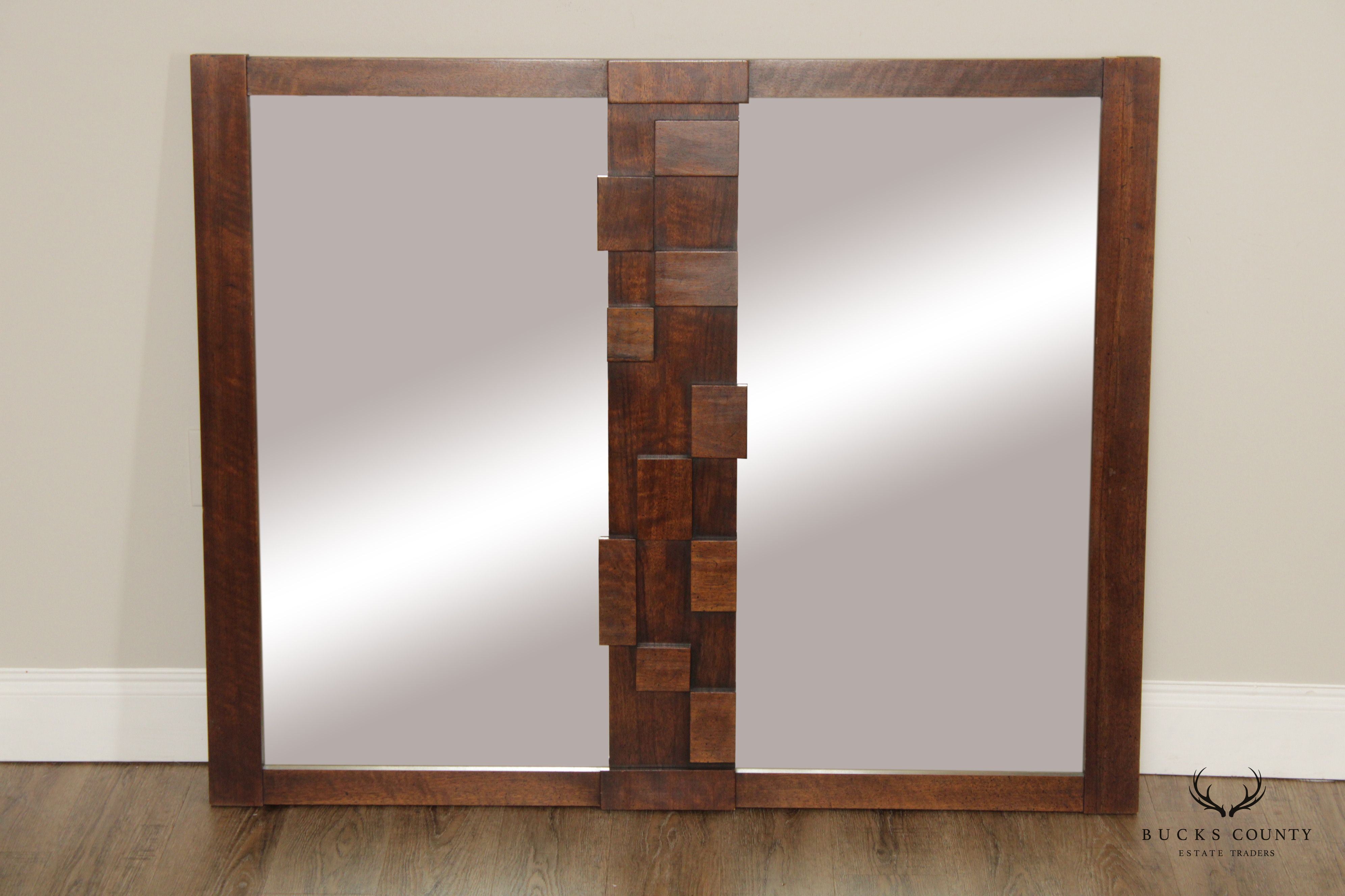 LANE VINTAGE BRUTALIST MID CENTURY WALNUT STACCATO DOUBLE MIRROR