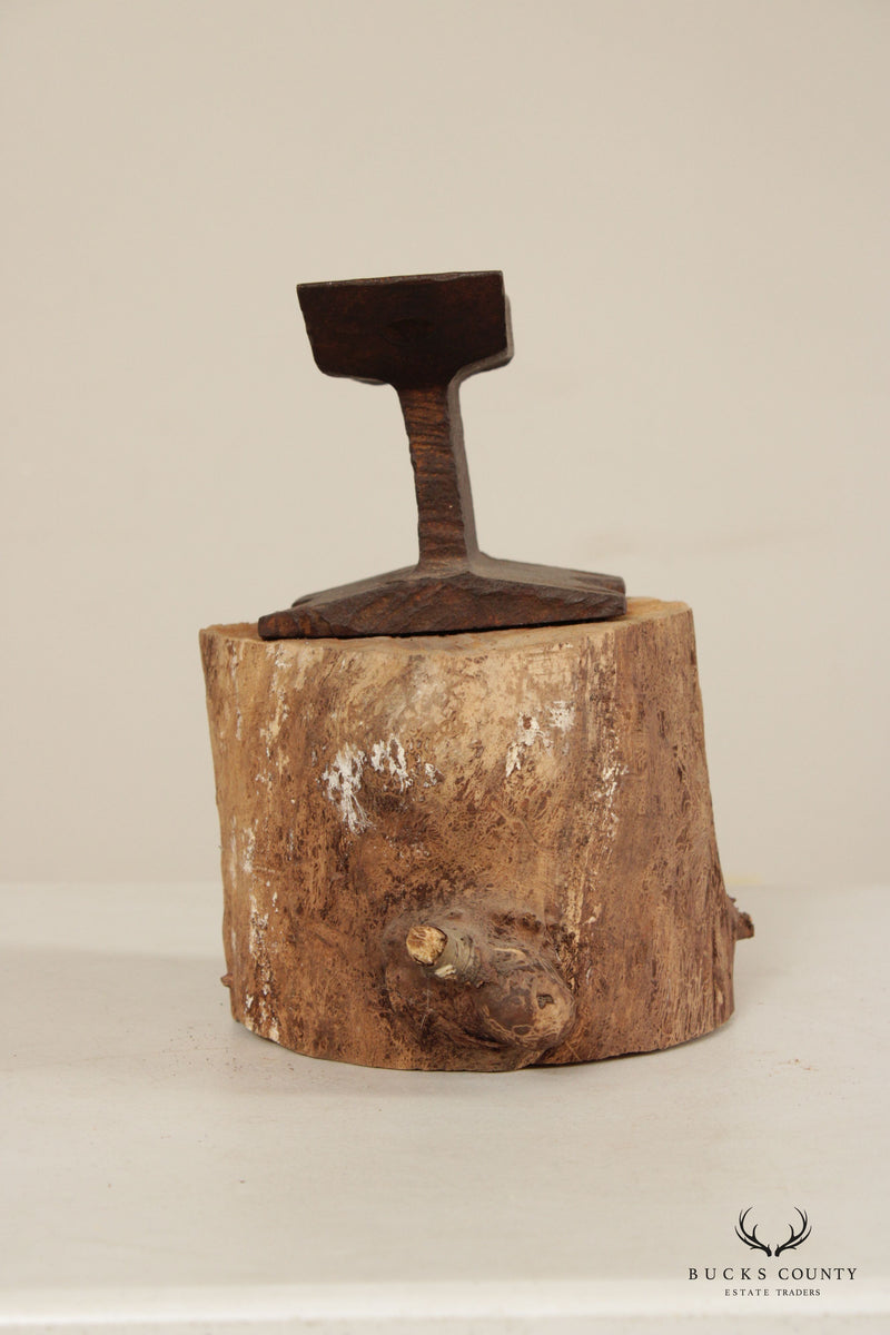 Vintage Small Iron Anvil Mounted on Wooden Block