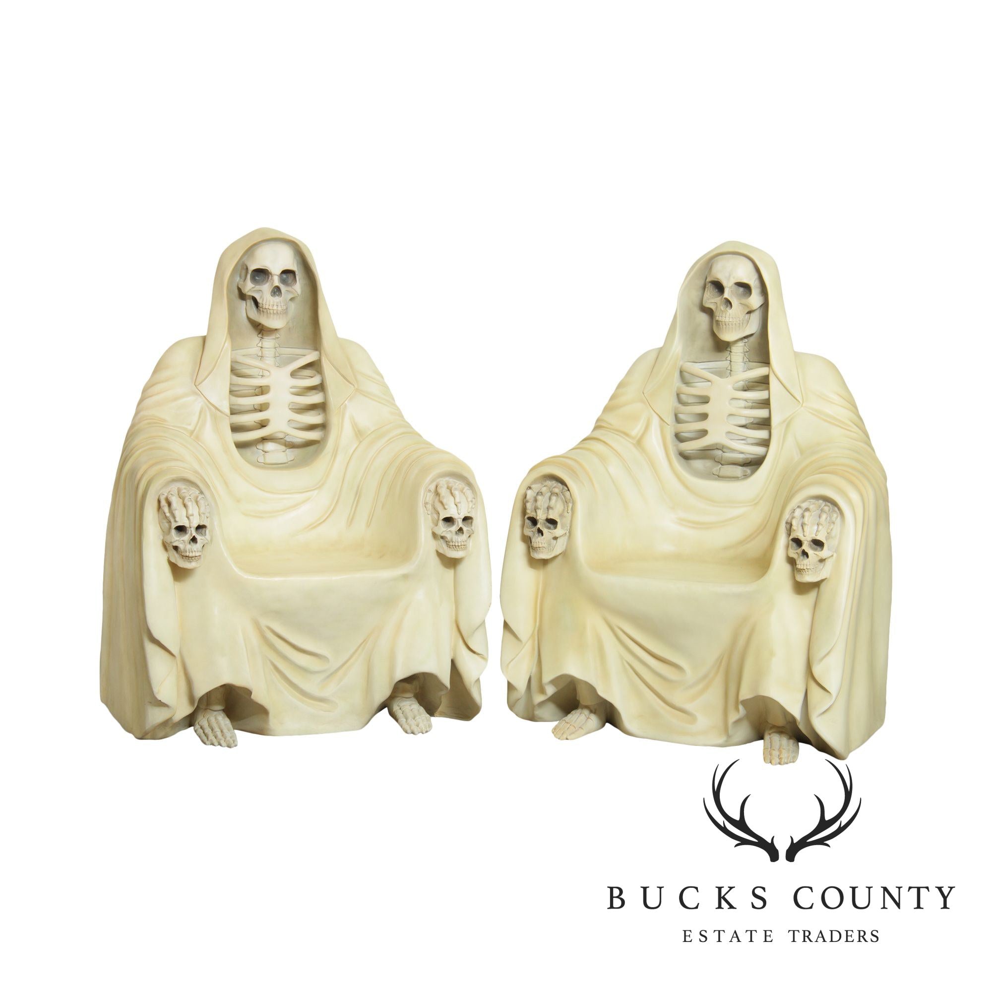 Grim Reaper Seated Skeleton Pair Gothic Throne Chairs