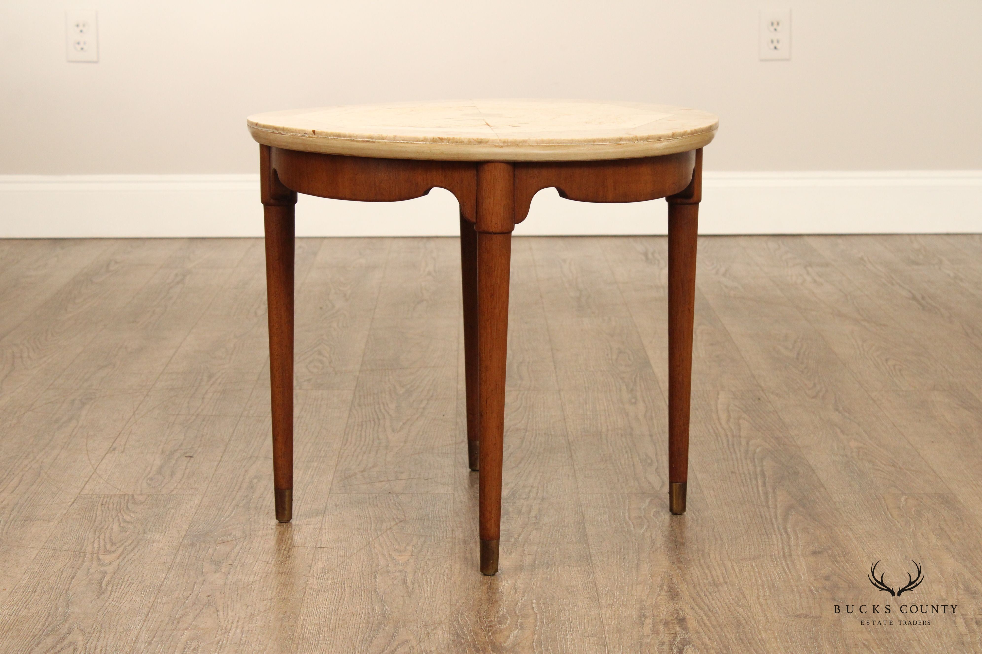 Italian Mid Century Round Travertine Top Walnut Side Table