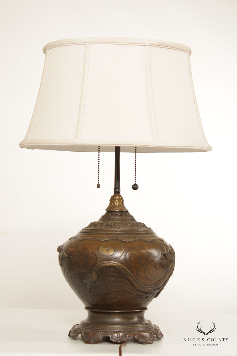 Antique Chinese Bronze Dragon Table Lamp with Shade