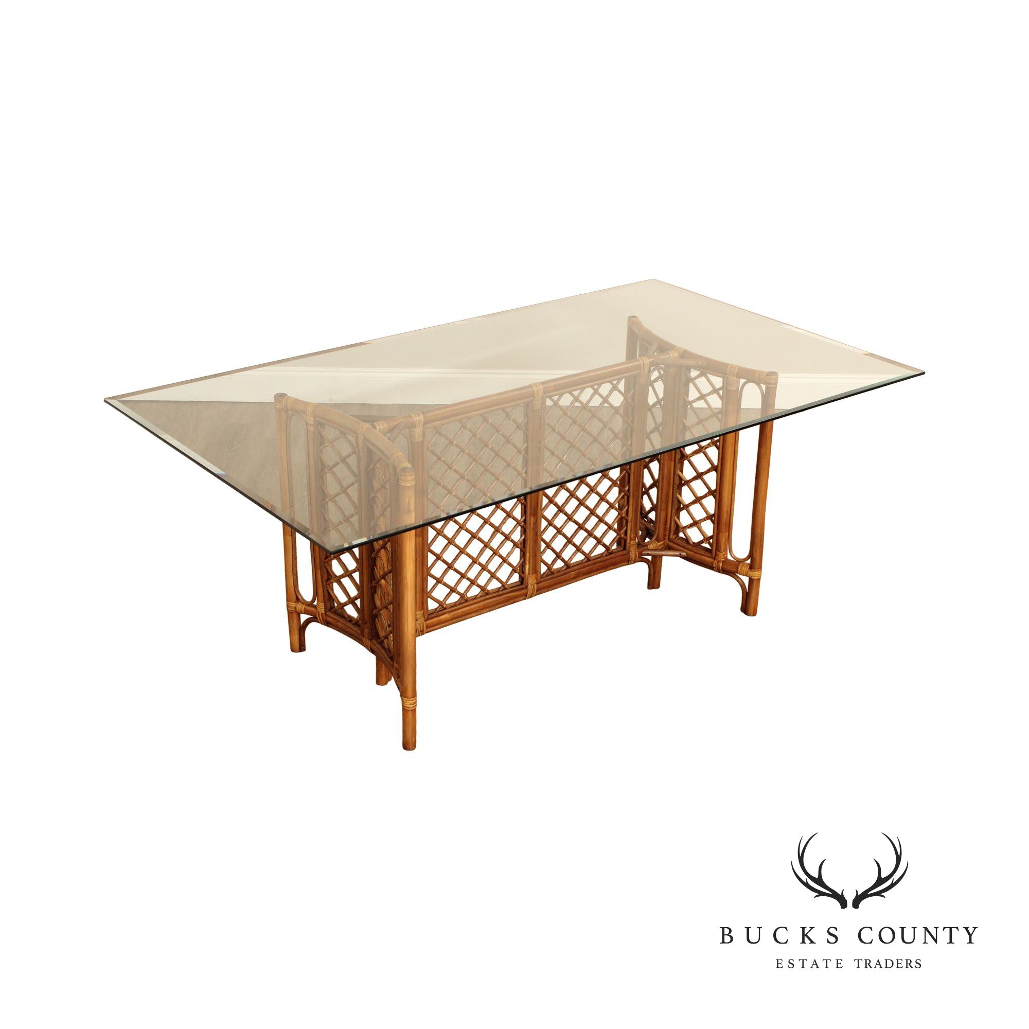 Hollywood Regency Glass Top Bamboo Rattan Dining Table