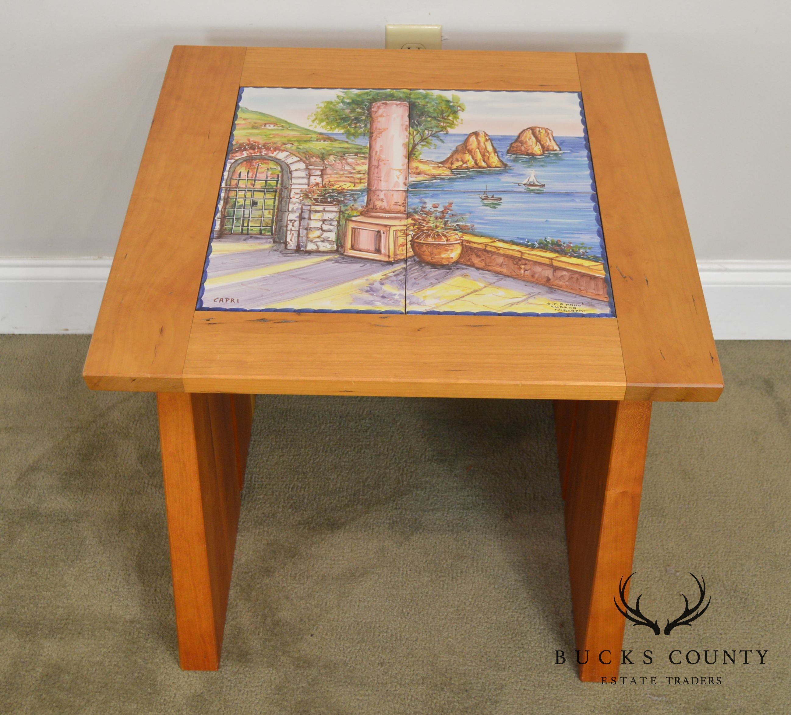 Studio Crafted Solid Cherry Square Side Tables W/ Hand Painted Italian Capri Tiles