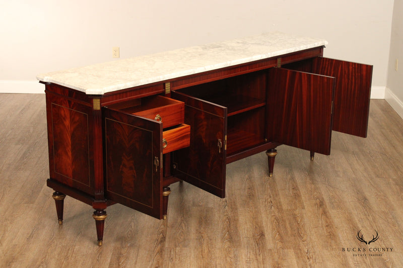 French Louis XVI Style Flame Mahogany Marble Top Sideboard